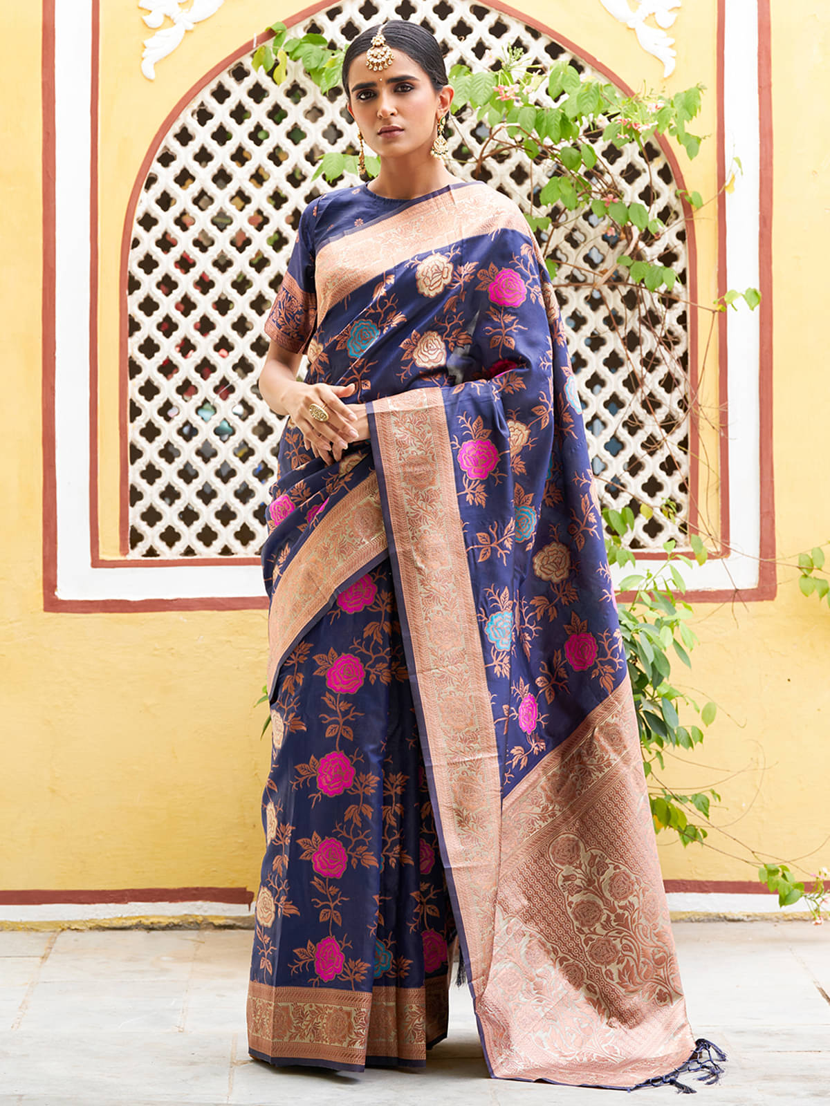 Anekha Banarasi Silk Printed Saree With Unstitched Blouse Piece ( Navy Blue )     			Anekha Banarasi Silk Printed Saree With Unstitched Blouse Piece ( Navy Blue )