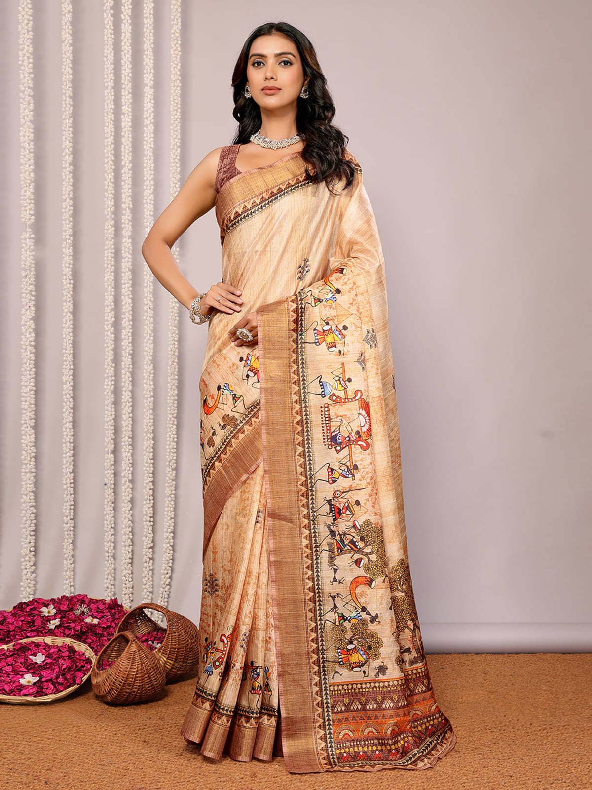 Anekha Chanderi Printed Saree With Unstitched Blouse Piece ( Beige ) Anekha Chanderi Printed Saree With Unstitched Blouse Piece ( Beige )