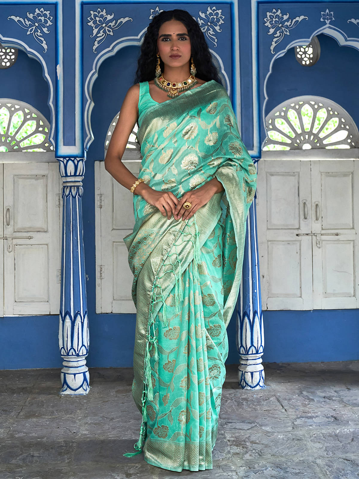     			Anekha Chanderi Printed Saree With Unstitched Blouse Piece ( Sea Green )