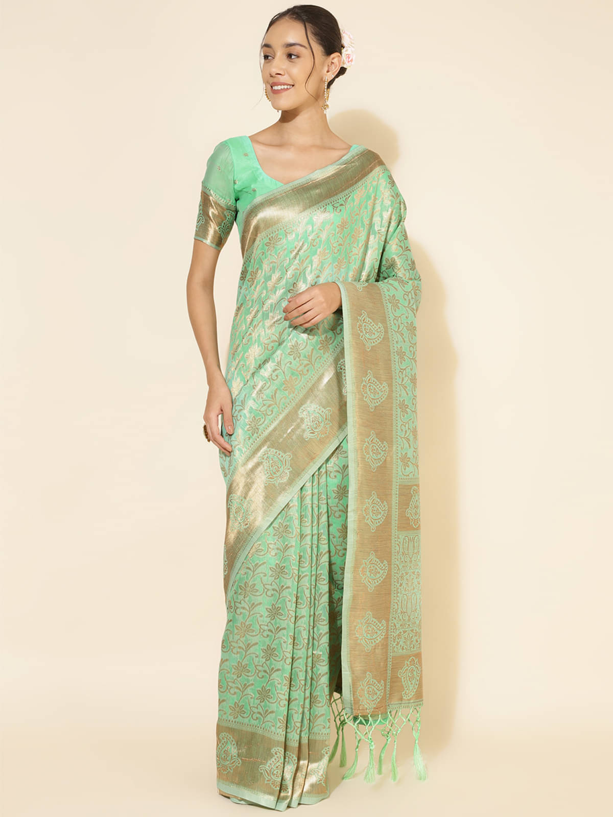    			Anekha Chanderi Printed Saree With Unstitched Blouse Piece ( Light Green )