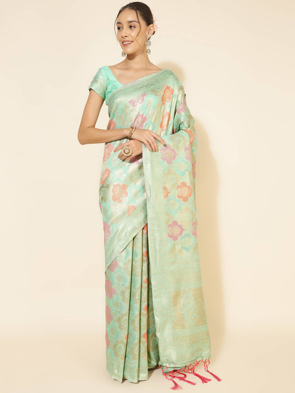 Anekha Chanderi Printed Saree With Unstitched Blouse Piece ( Sea Green ) Anekha Chanderi Printed Saree With Unstitched Blouse Piece ( Sea Green )
