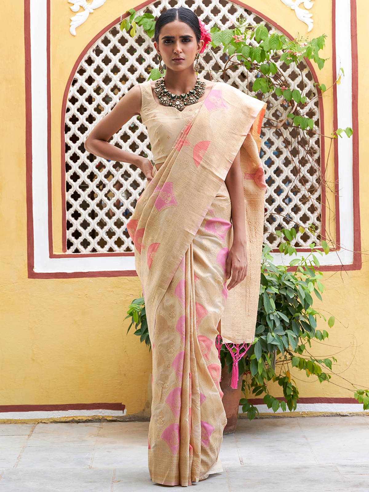 Anekha Chanderi Printed Saree With Unstitched Blouse Piece ( Cream ) Anekha Chanderi Printed Saree With Unstitched Blouse Piece ( Cream )