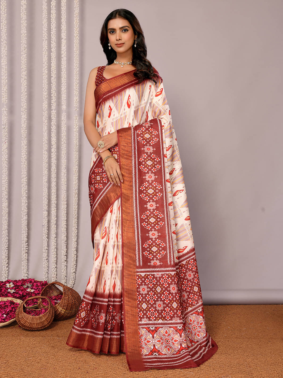     			Anekha Chanderi Printed Saree With Unstitched Blouse Piece ( Cream )