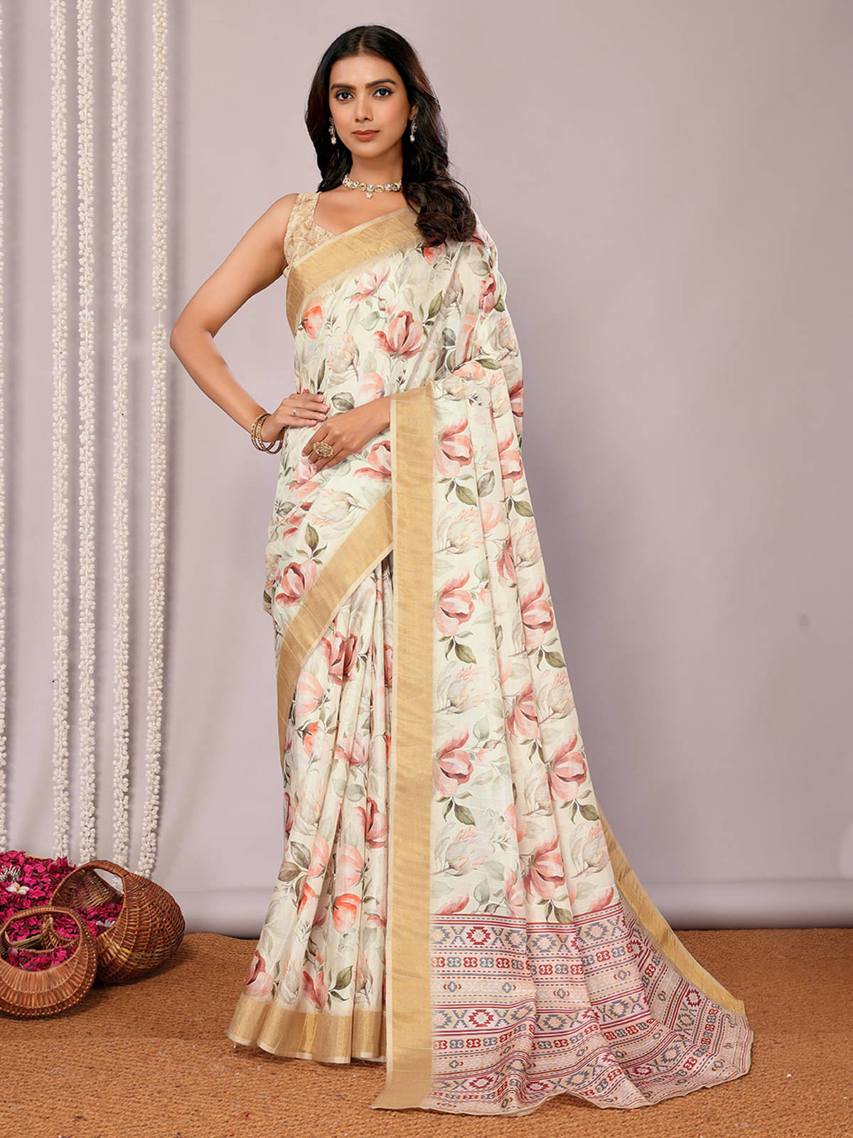 Anekha Chanderi Printed Saree With Unstitched Blouse Piece ( Cream ) Anekha Chanderi Printed Saree With Unstitched Blouse Piece ( Cream )