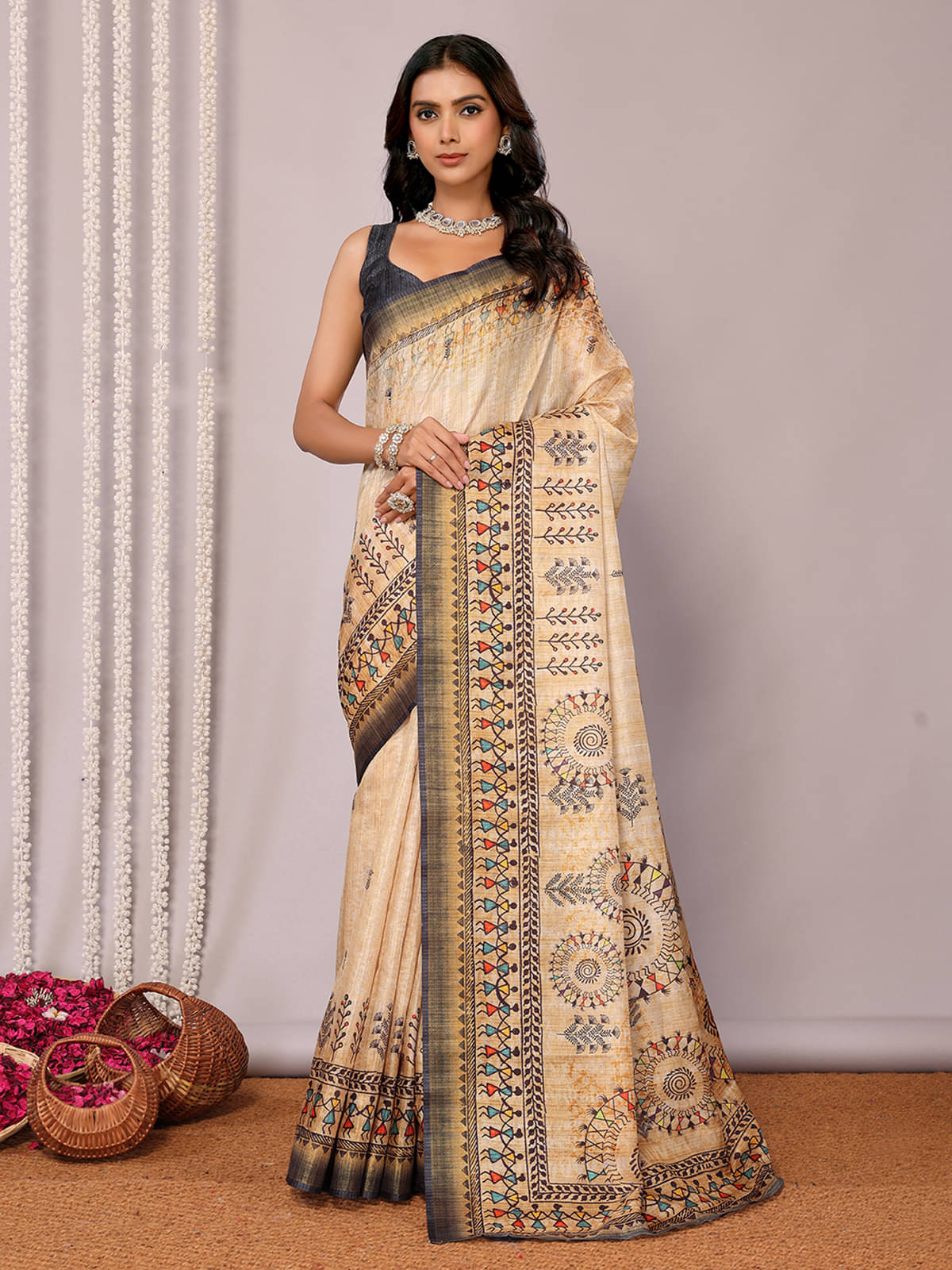     			Anekha Chanderi Printed Saree With Unstitched Blouse Piece ( Beige )