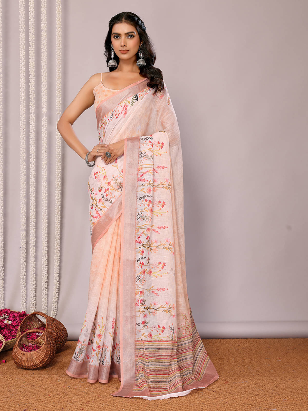 Anekha Cotton Blend Printed Saree With Unstitched Blouse Piece ( Peach )     			Anekha Cotton Blend Printed Saree With Unstitched Blouse Piece ( Peach )