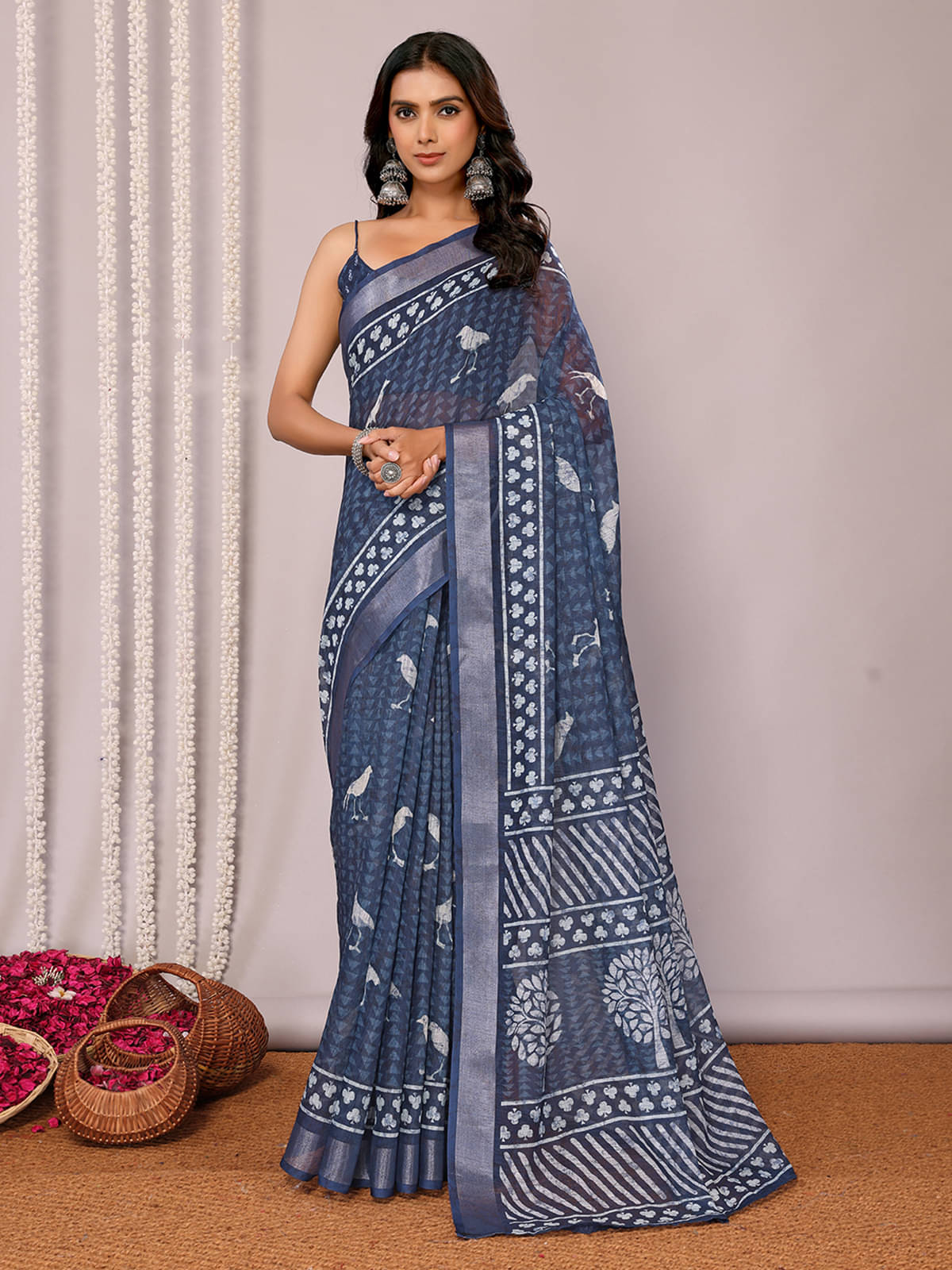     			Anekha Cotton Blend Printed Saree With Unstitched Blouse Piece ( Navy Blue )