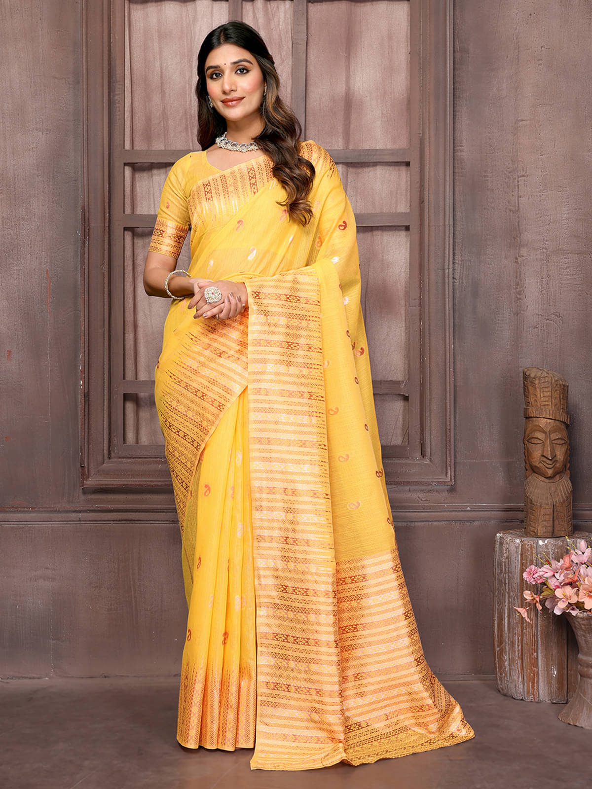 Anekha Cotton Blend Woven Saree With Unstitched Blouse Piece ( Yellow )     			Anekha Cotton Blend Woven Saree With Unstitched Blouse Piece ( Yellow )
