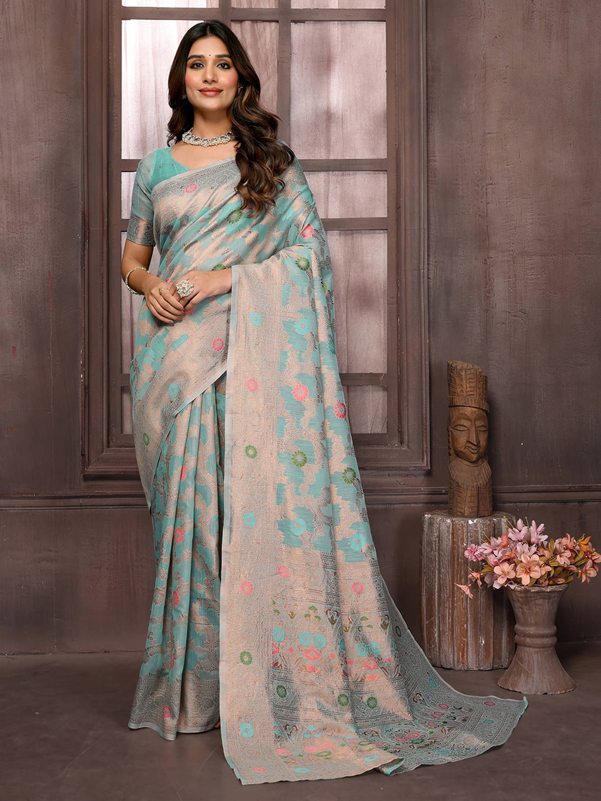     			Anekha Cotton Blend Woven Saree With Unstitched Blouse Piece ( Light Blue )