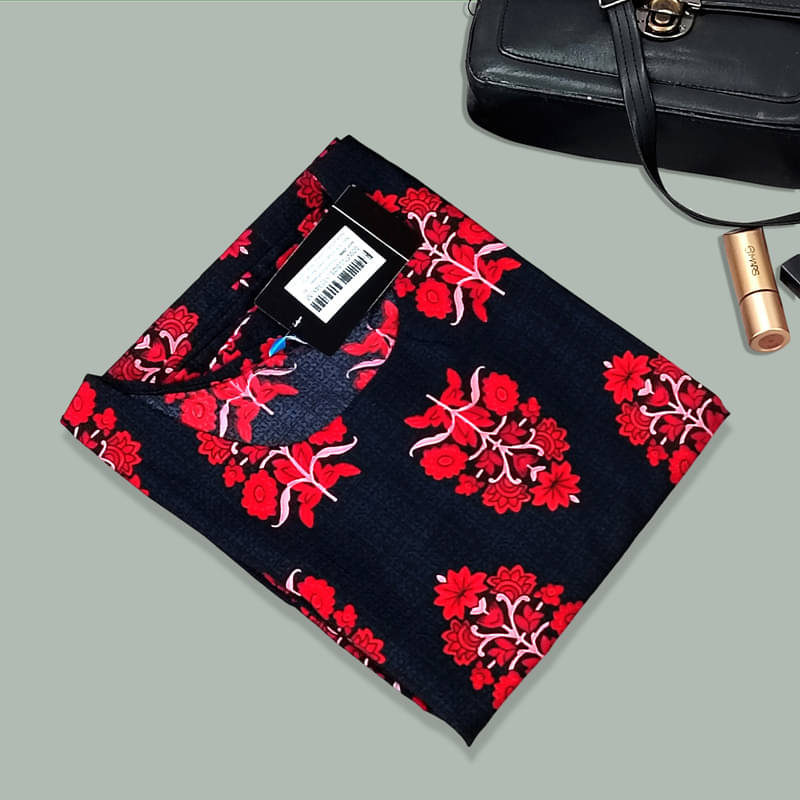 Ethnic Basket Pack of 1 Crepe Printed A-line Women's Kurti - ( Red & Blue ) Ethnic Basket Pack of 1 Crepe Printed A-line Women's Kurti - ( Red & Blue )