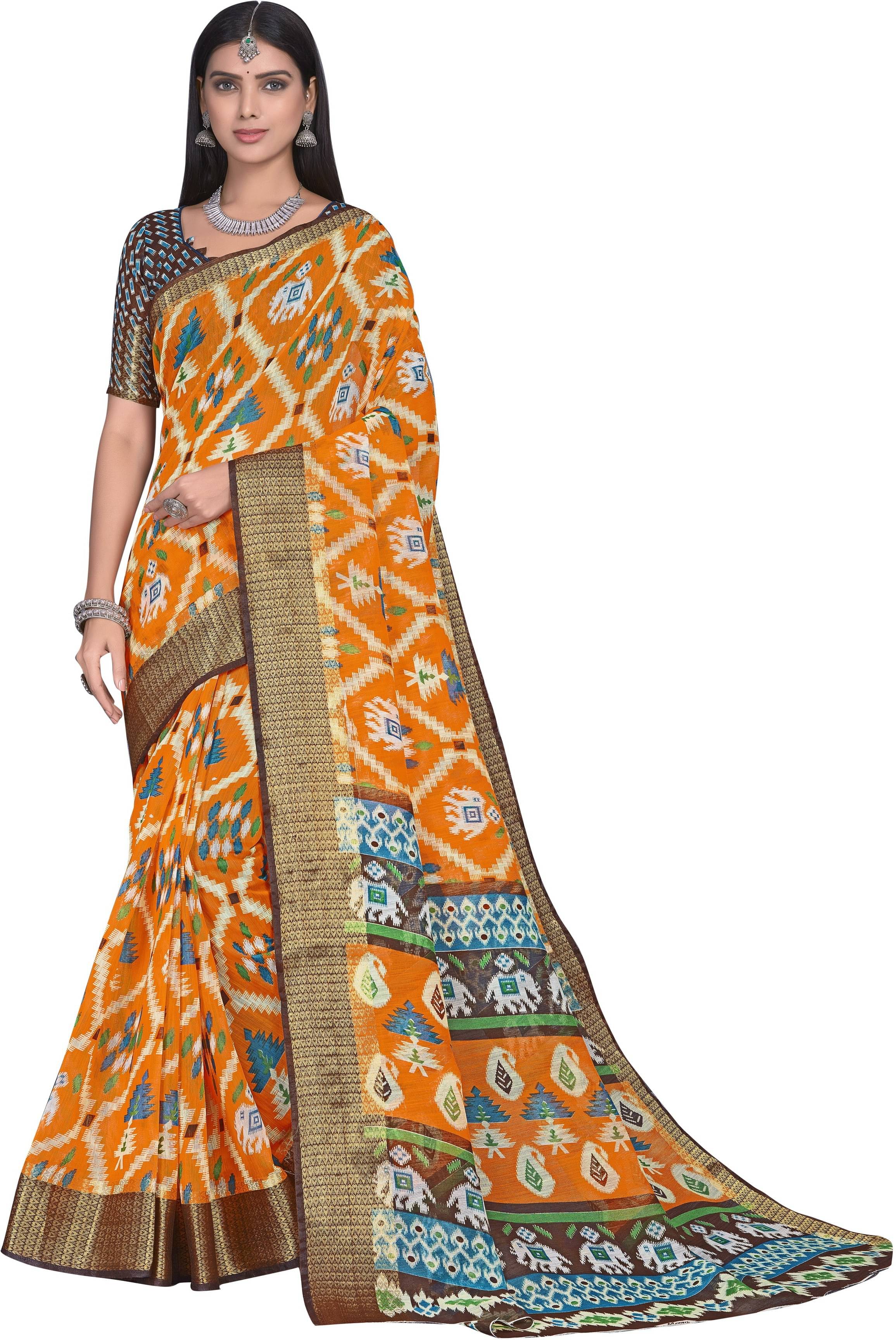     			Sariya Cotton Blend Printed Saree With Unstitched Blouse Piece ( Orange )