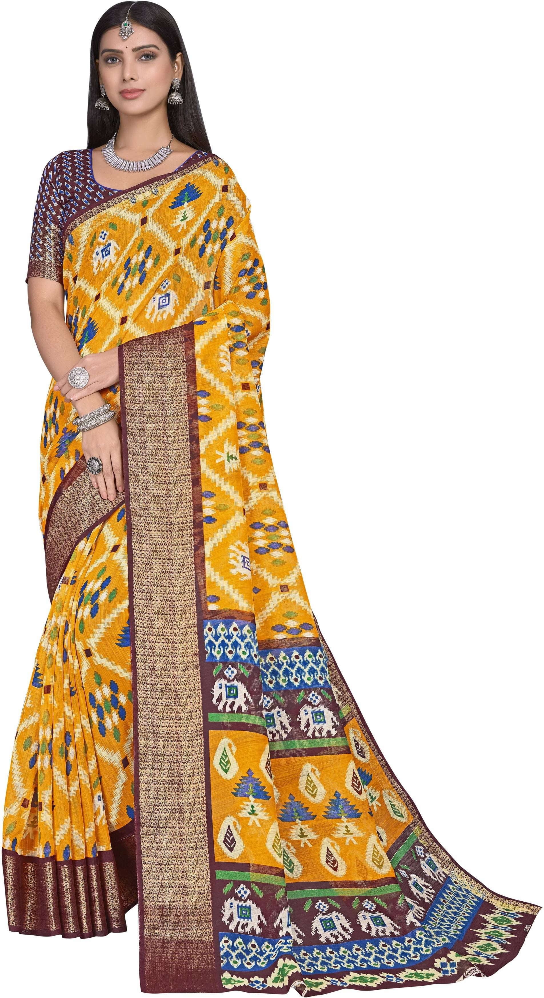     			Sariya Cotton Blend Printed Saree With Unstitched Blouse Piece ( Yellow )