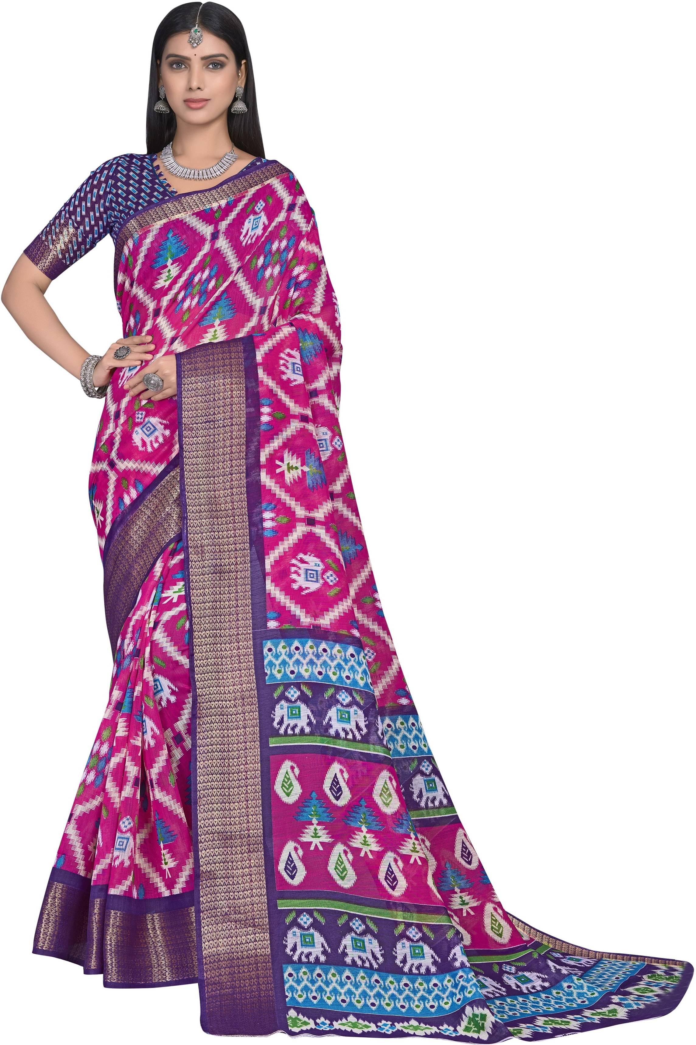     			Sariya Cotton Blend Printed Saree With Unstitched Blouse Piece ( Pink )
