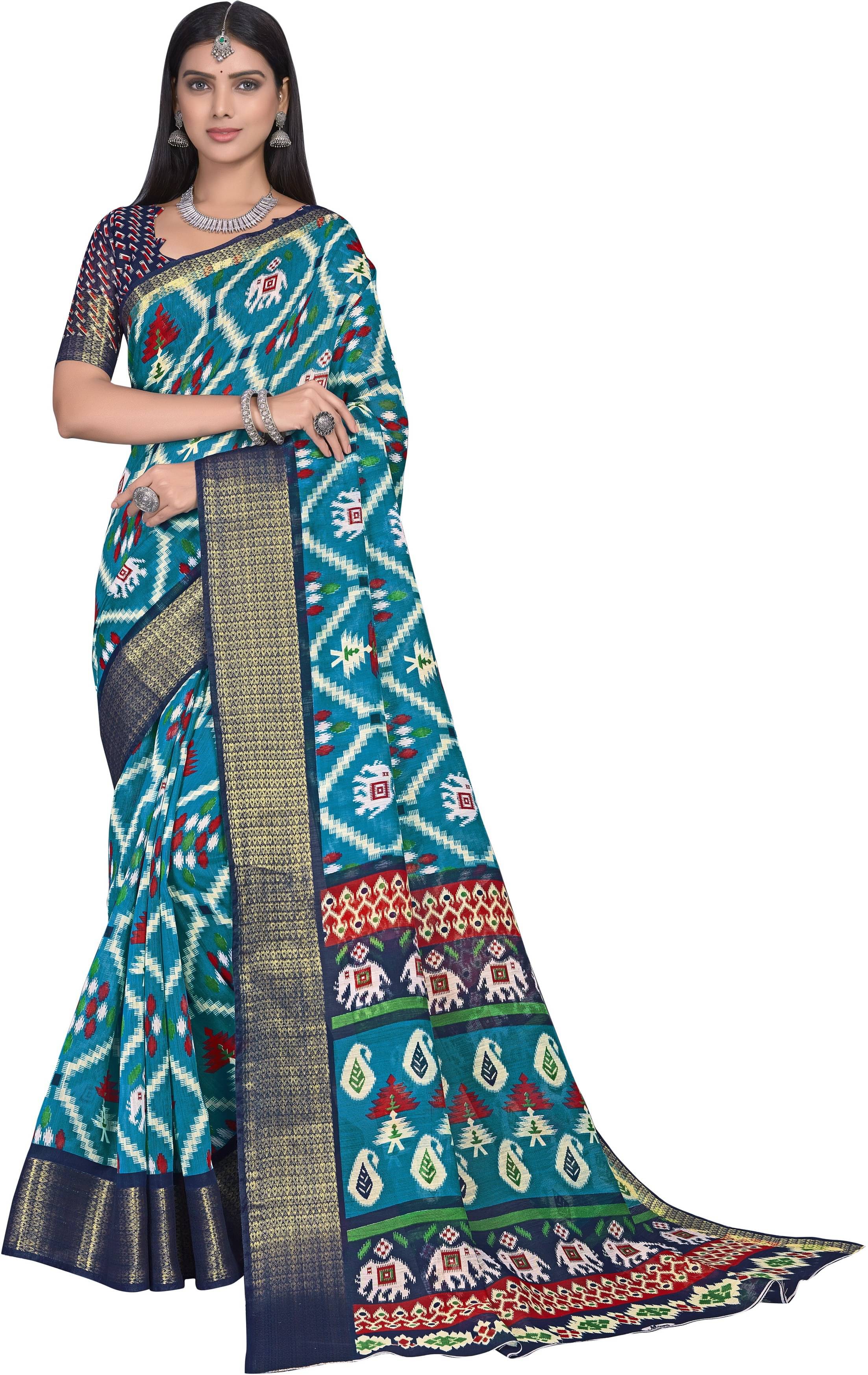     			Sariya Cotton Blend Printed Saree With Unstitched Blouse Piece ( Blue )