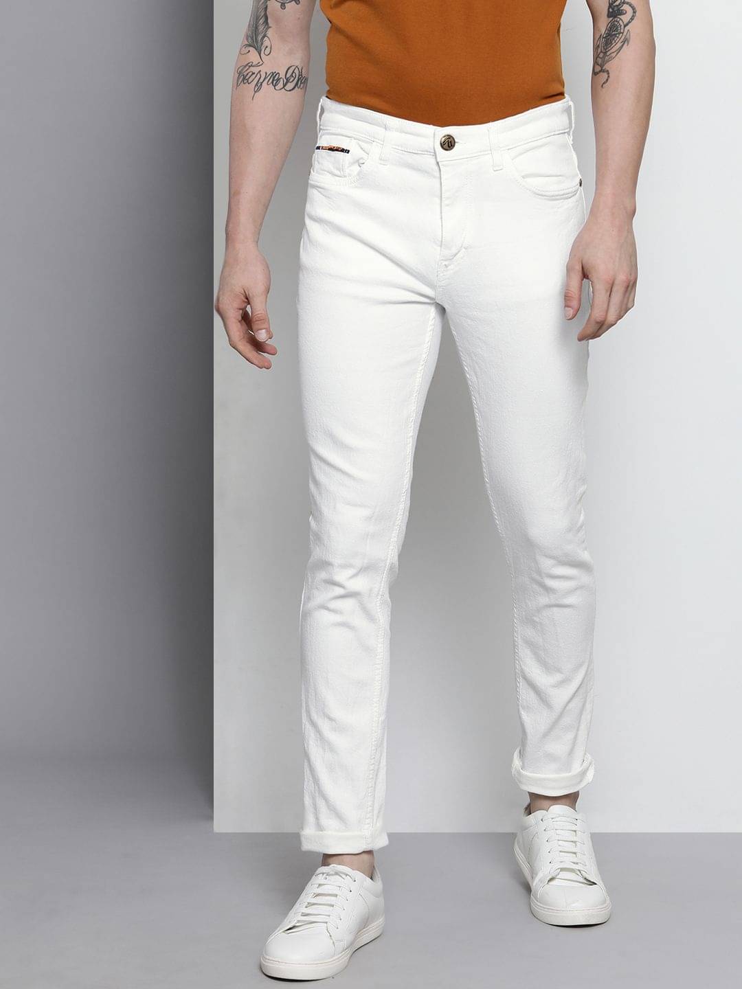 The Indian Garage Co Men White Slim Fit Stretchable Jeans The Indian Garage Co Men White Slim Fit Stretchable Jeans