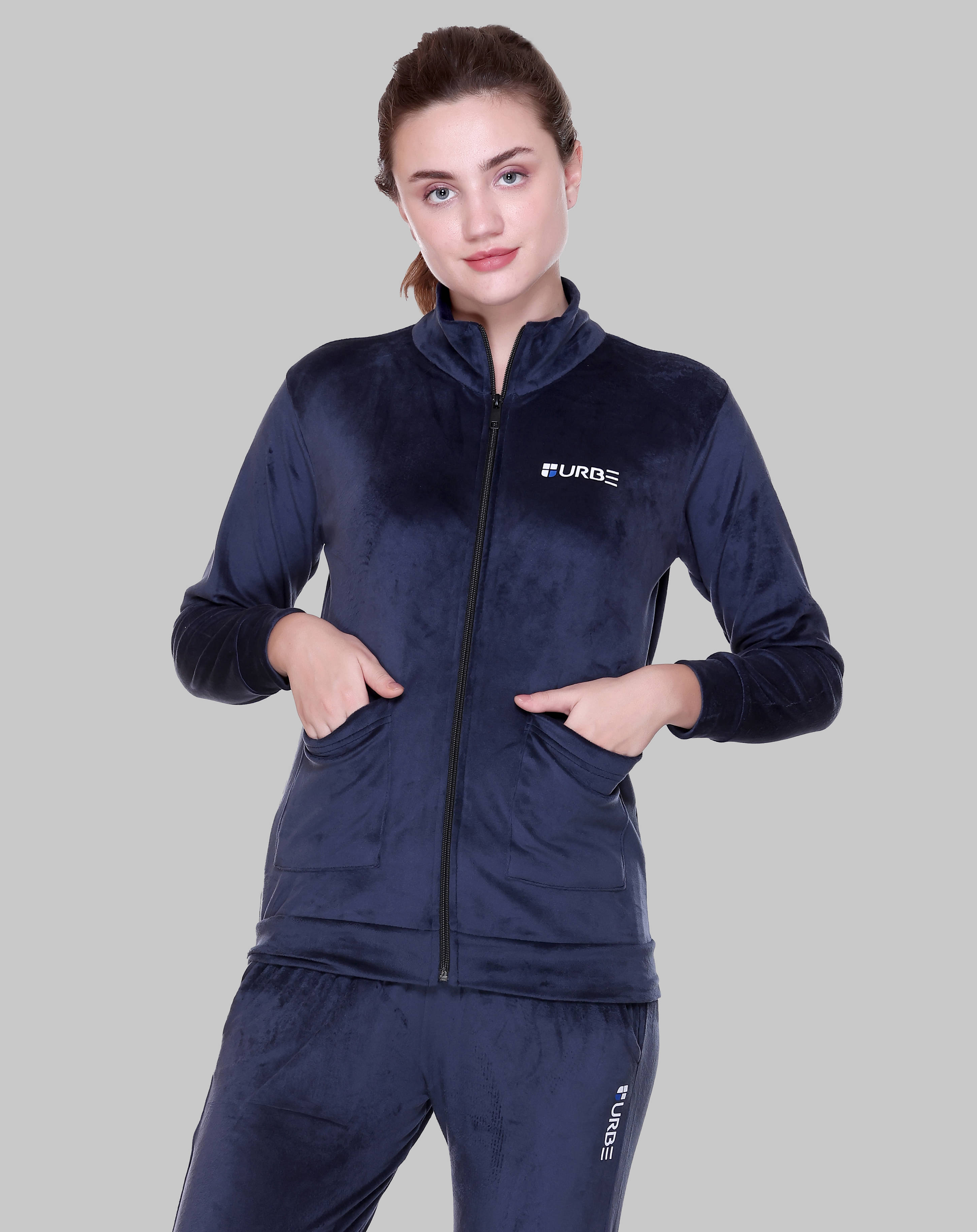     			URBE-URBAN EVOLUTION Women Velvet High Neck Sweatshirt ( Navy Blue )