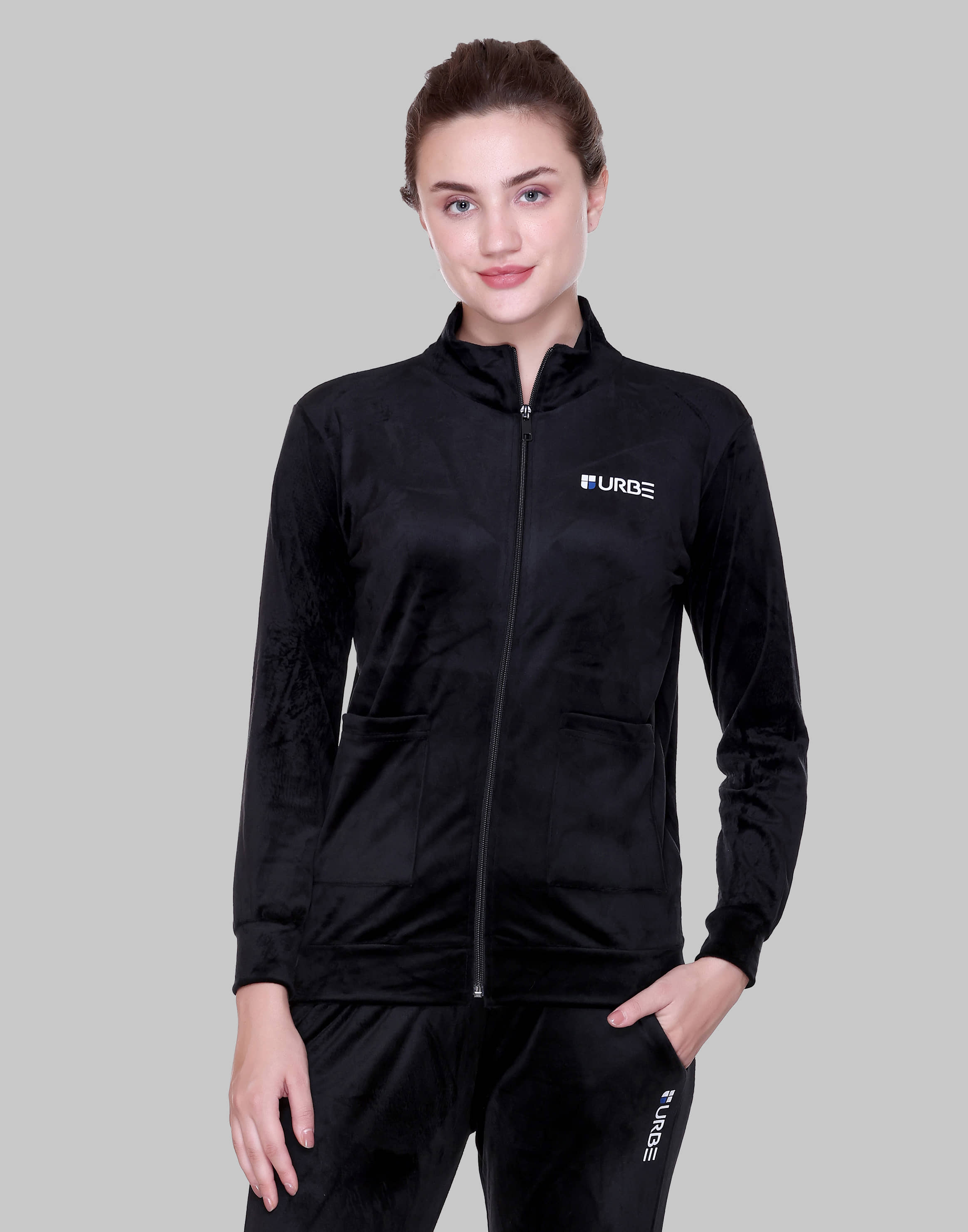URBE-URBAN EVOLUTION Women Velvet High Neck Sweatshirt For ( Pink )