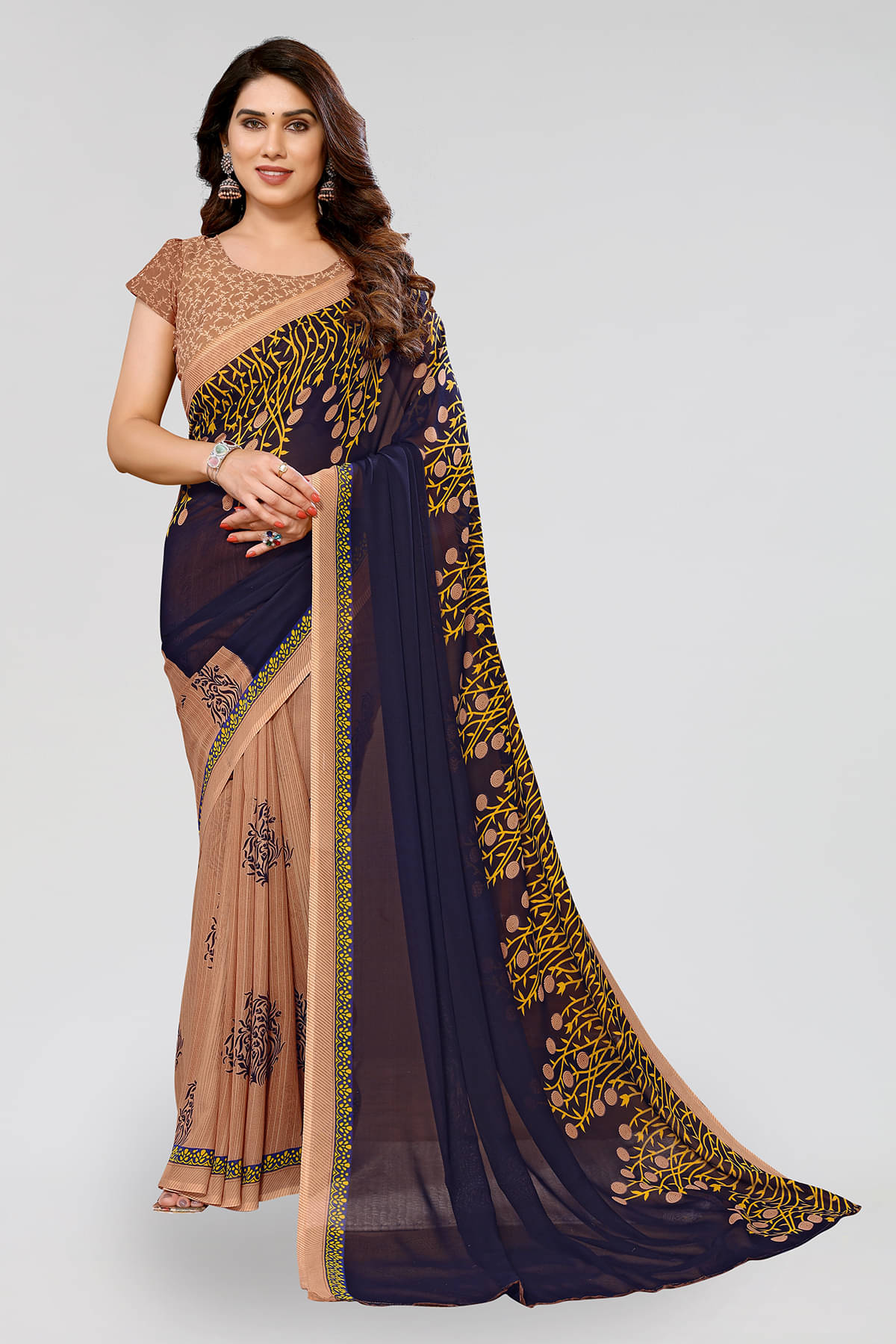 ANAND SAREES Georgette Printed Saree With Unstitched Blouse Piece ( Beige ) ANAND SAREES Georgette Printed Saree With Unstitched Blouse Piece ( Beige )