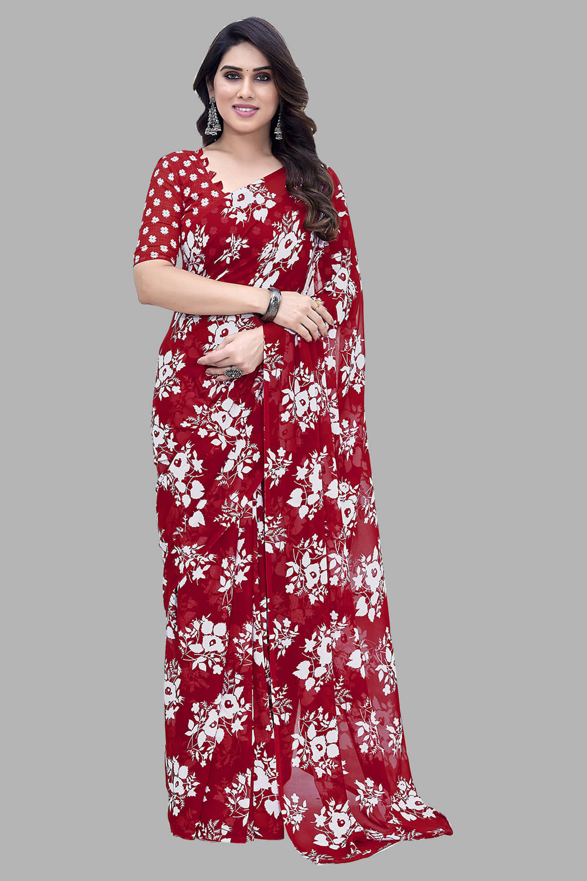 ANAND SAREES Georgette Printed Saree With Unstitched Blouse Piece ( Red ) - Sarees | Buy online on ZillyBuy