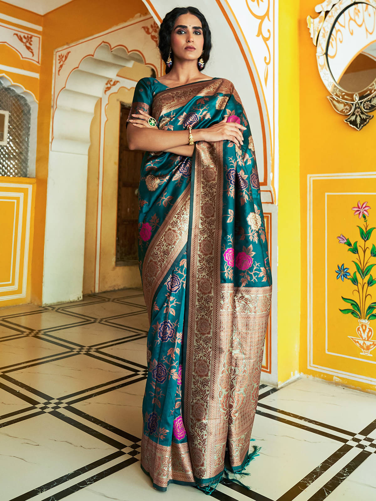     			Anekha Banarasi Silk Printed Saree With Unstitched Blouse Piece ( Green )