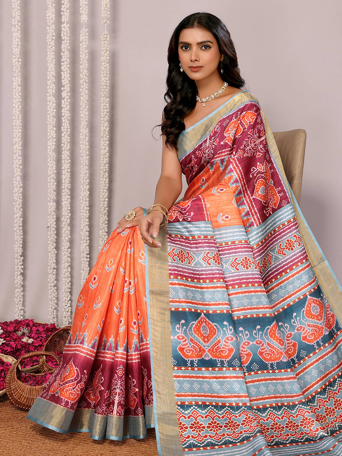     			Anekha Chanderi Printed Saree With Unstitched Blouse Piece ( Orange )