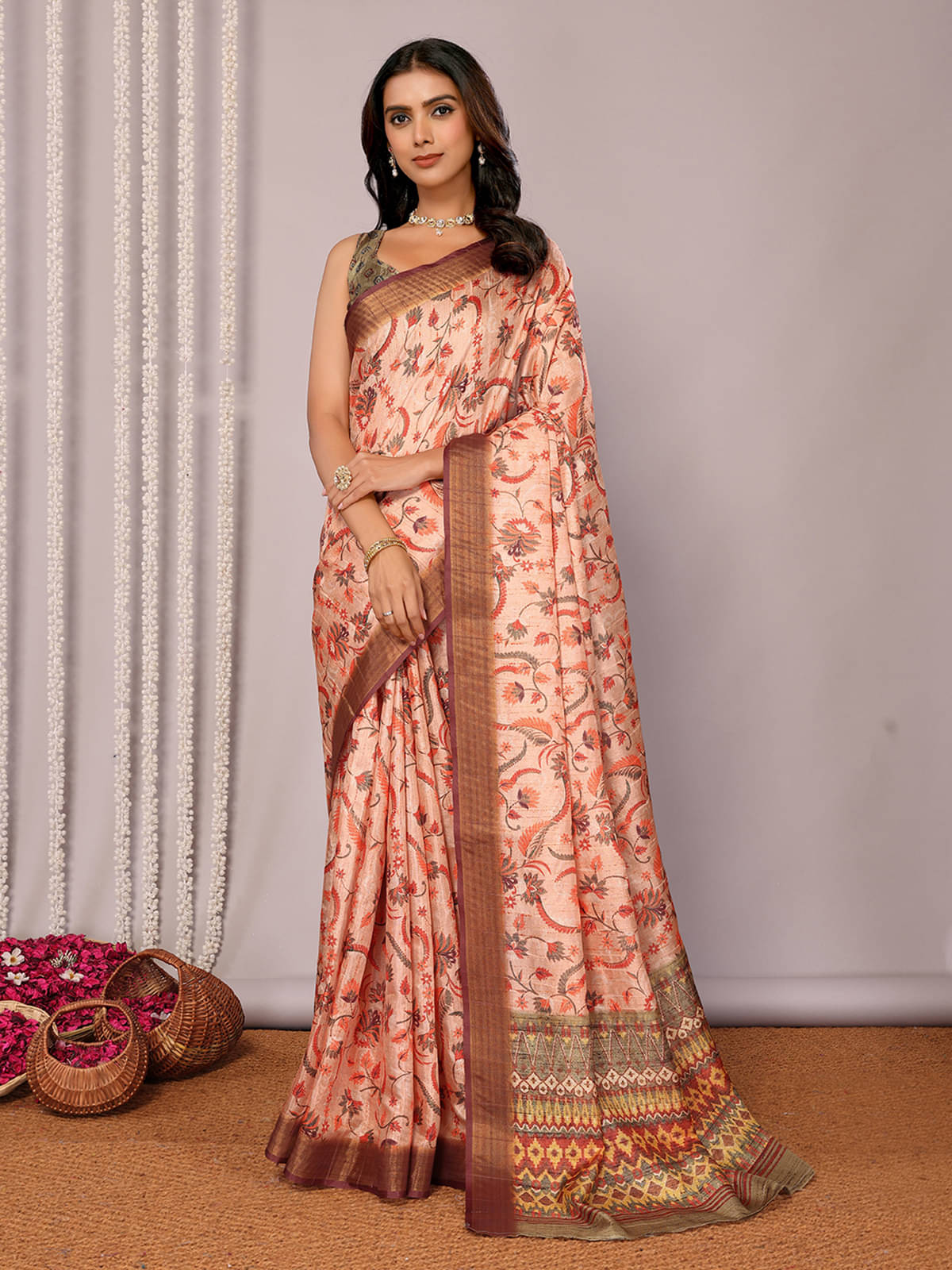     			Anekha Chanderi Printed Saree With Unstitched Blouse Piece ( Peach )