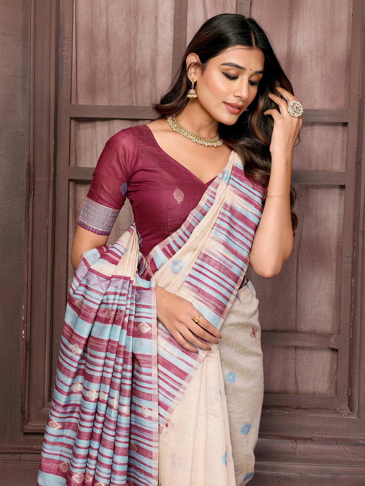 Anekha Chanderi Woven Saree With Unstitched Blouse Piece ( Beige ) Anekha Chanderi Woven Saree With Unstitched Blouse Piece ( Beige )