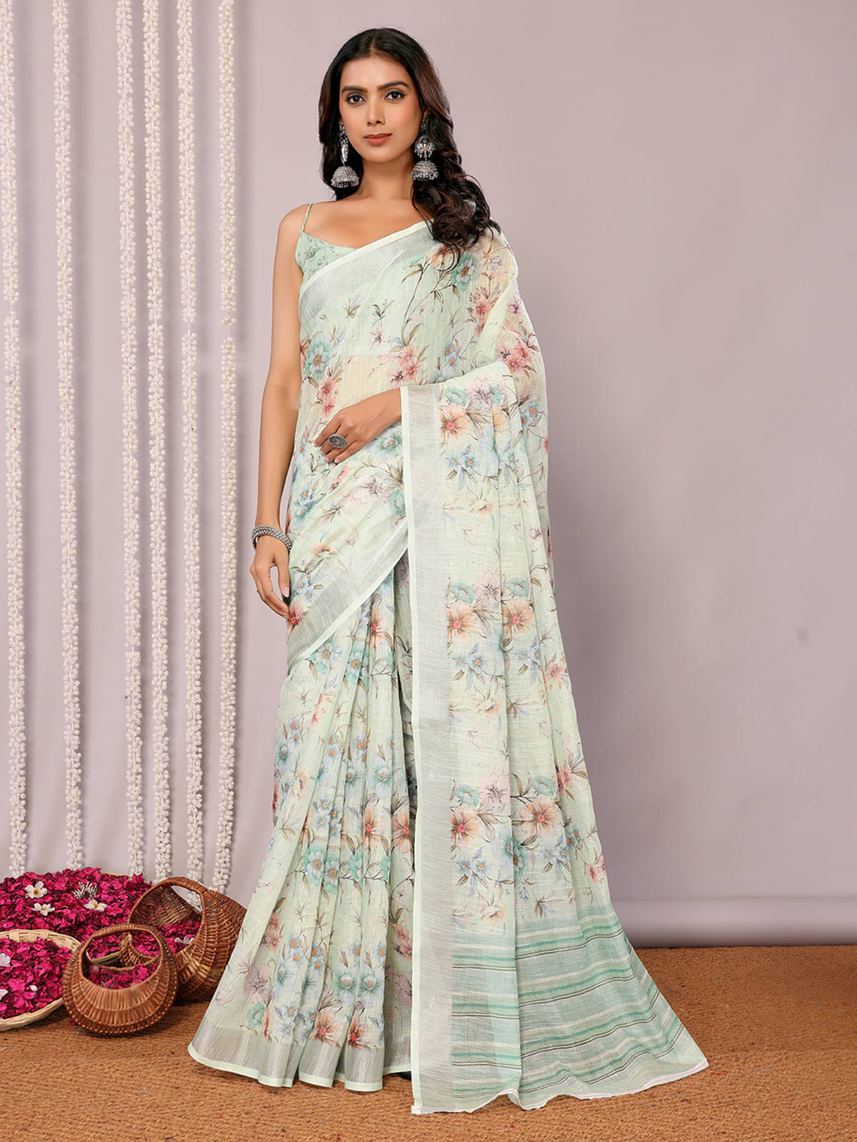Anekha Cotton Blend Printed Saree With Unstitched Blouse Piece ( Light Green ) Anekha Cotton Blend Printed Saree With Unstitched Blouse Piece ( Light Green )