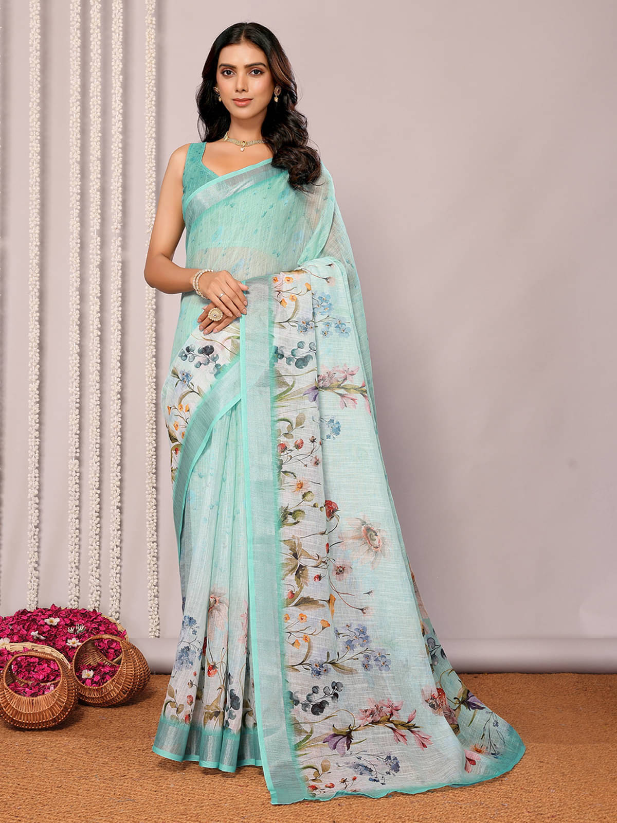 Anekha Cotton Blend Printed Saree With Unstitched Blouse Piece ( Sea Green )     			Anekha Cotton Blend Printed Saree With Unstitched Blouse Piece ( Sea Green )