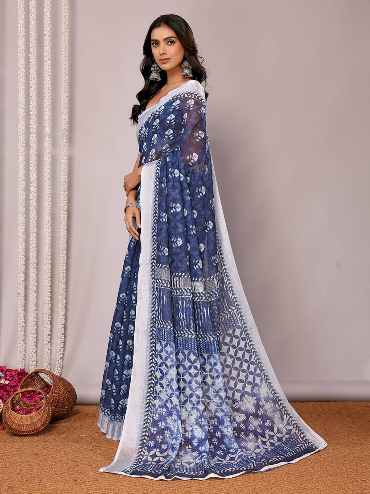 Anekha Cotton Blend Printed Saree With Unstitched Blouse Piece ( Navy Blue )     			Anekha Cotton Blend Printed Saree With Unstitched Blouse Piece ( Navy Blue )
