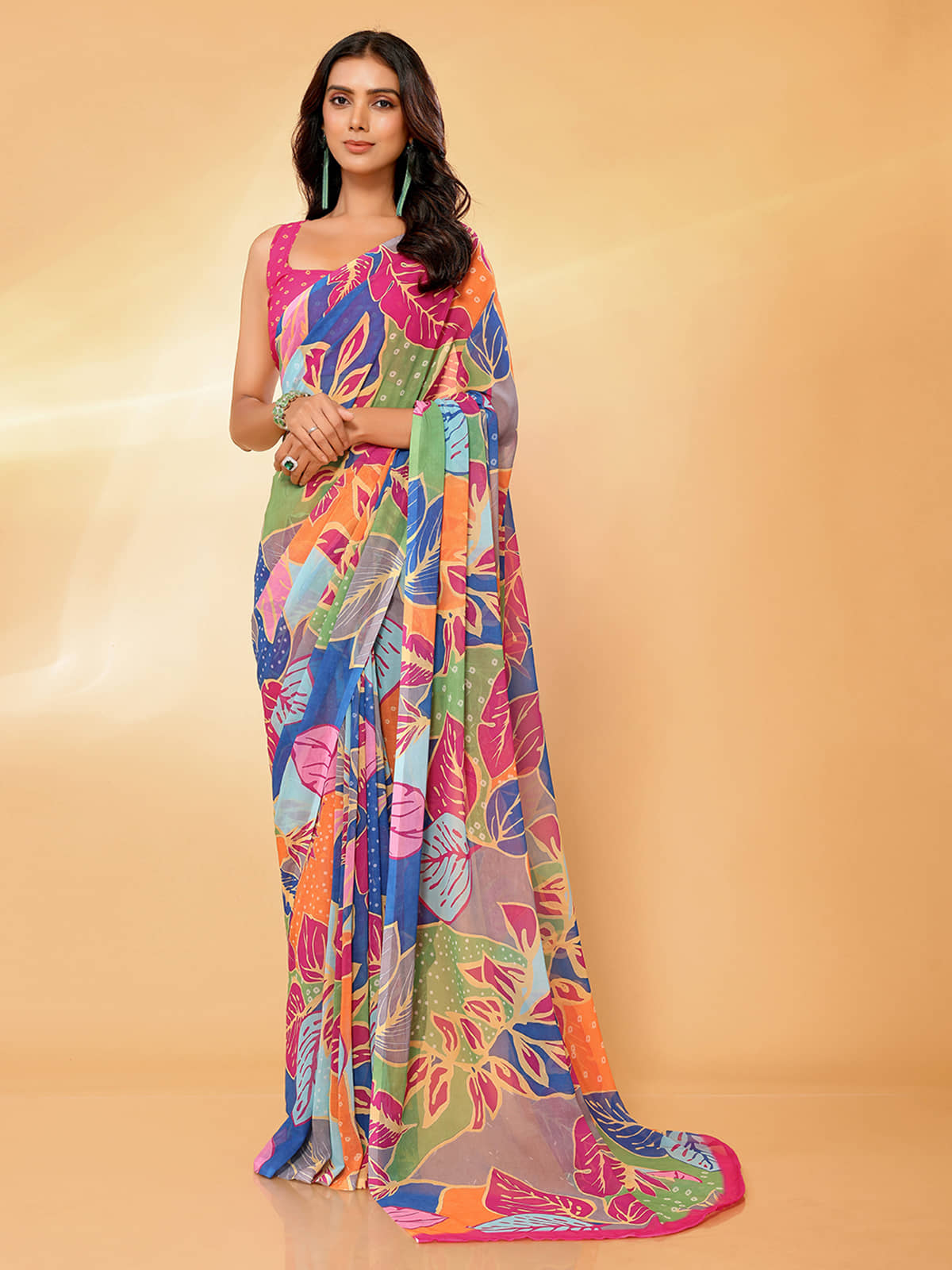 Anekha Georgette Printed Saree With Unstitched Blouse Piece ( Multicolor ) - Sarees | Buy online on ZillyBuy