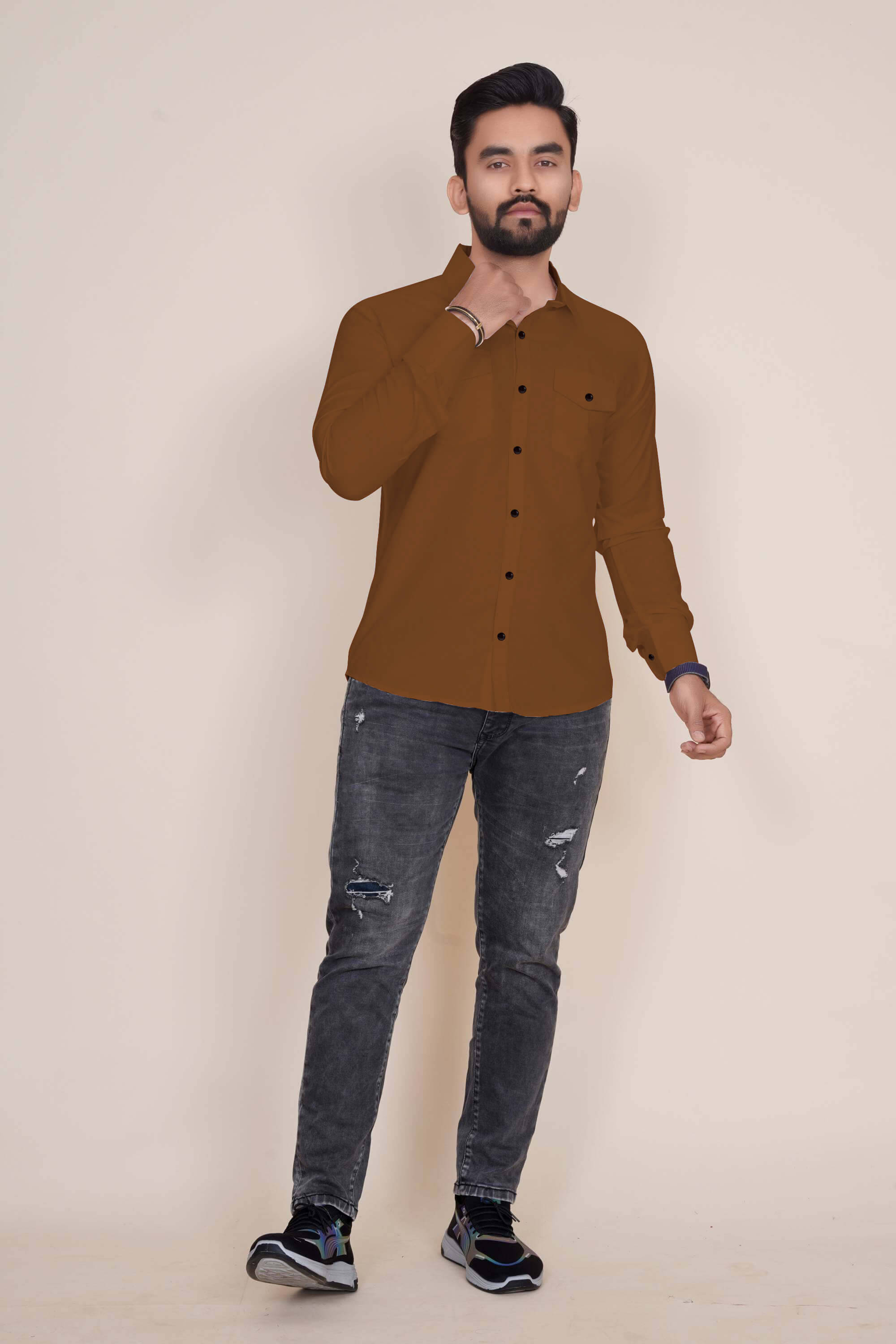 Qlonz store Cotton Blend Regular Fit Solids Full Sleeves Men's Casual Shirt - Brown ( Pack of 1 ) Qlonz store Cotton Blend Regular Fit Solids Full Sleeves Men's Casual Shirt - Brown ( Pack of 1 )