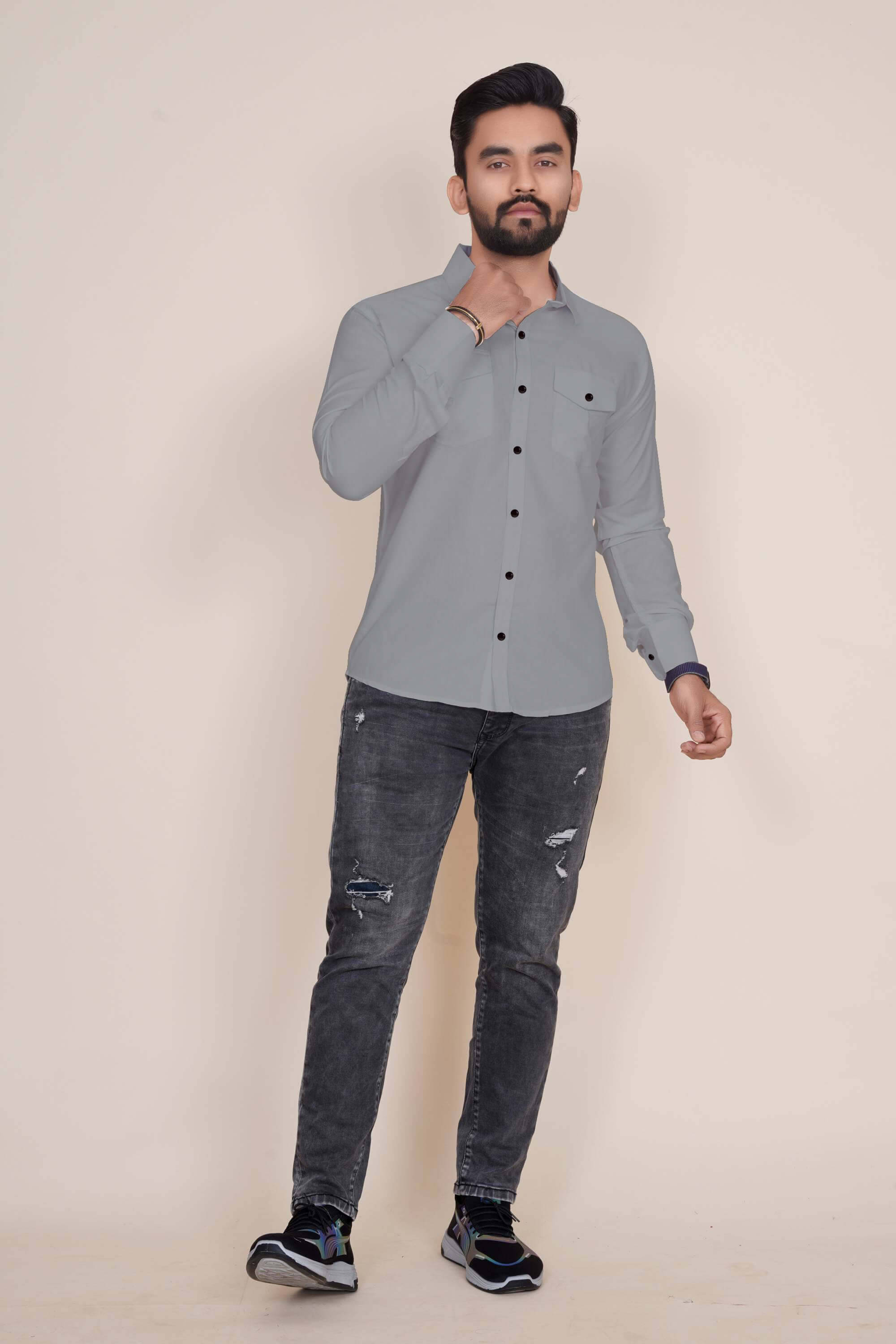 Qlonz store Cotton Blend Regular Fit Solids Full Sleeves Men's Casual Shirt - Grey ( Pack of 1 ) Qlonz store Cotton Blend Regular Fit Solids Full Sleeves Men's Casual Shirt - Grey ( Pack of 1 )