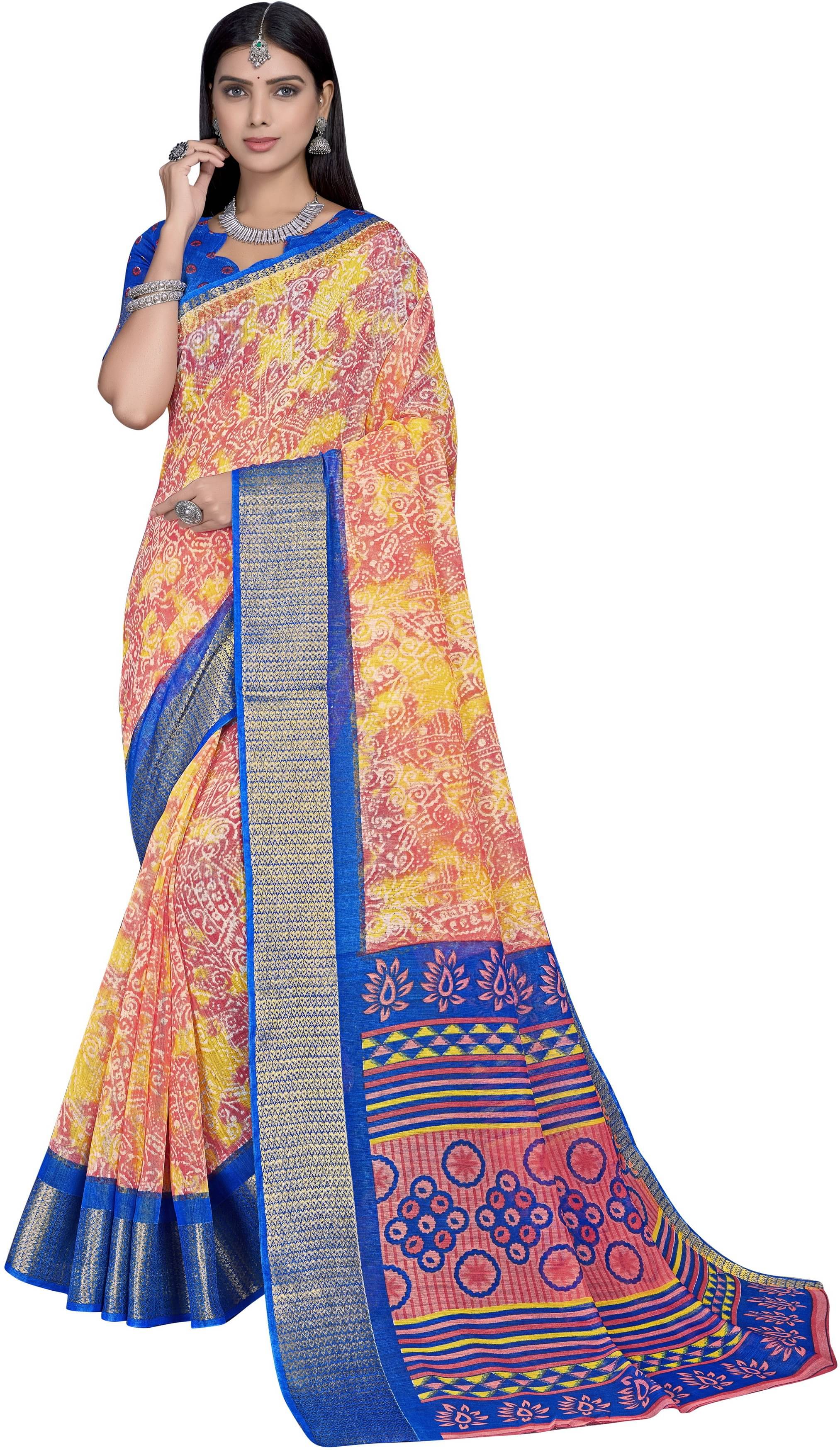 Sariya Cotton Blend Printed Saree With Unstitched Blouse Piece ( Peach ) Sariya Cotton Blend Printed Saree With Unstitched Blouse Piece ( Peach )