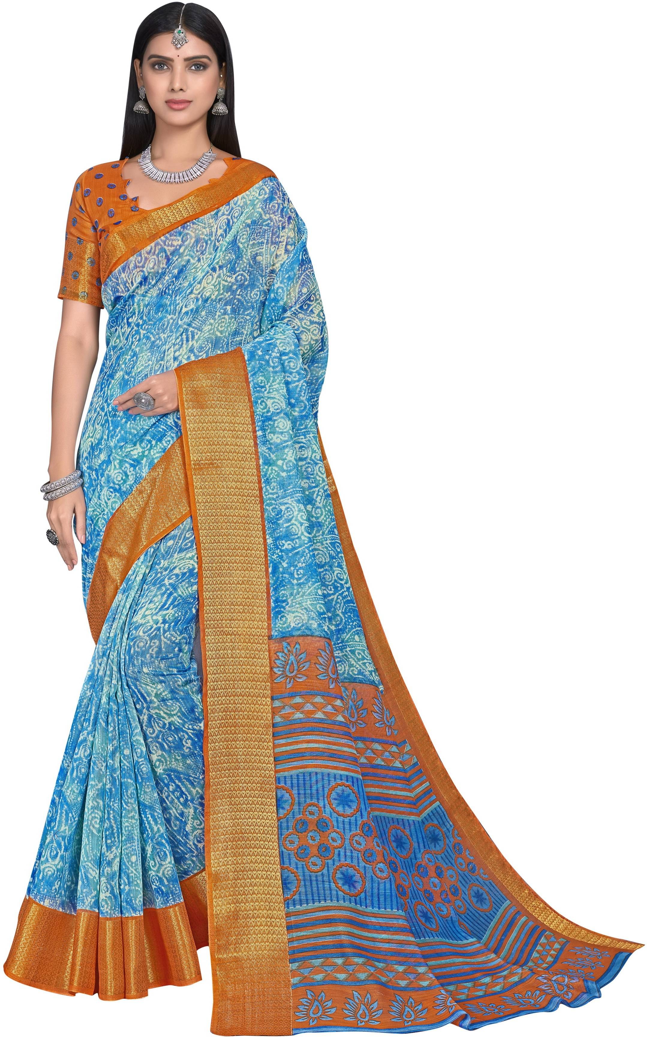 Sariya Cotton Blend Printed Saree With Unstitched Blouse Piece ( Blue ) Sariya Cotton Blend Printed Saree With Unstitched Blouse Piece ( Blue )