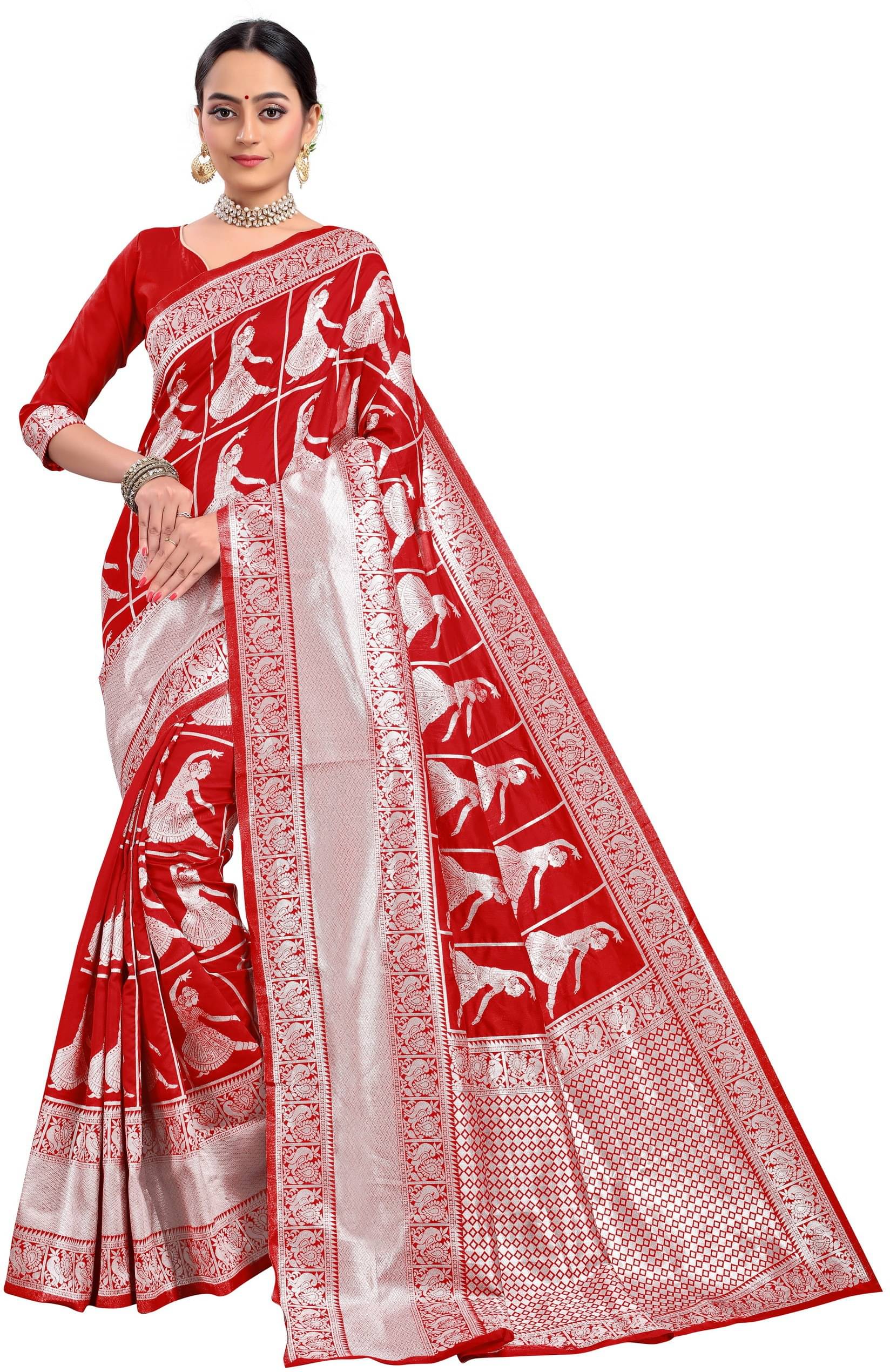     			Sariya Jacquard Woven Saree With Unstitched Blouse Piece ( Red )