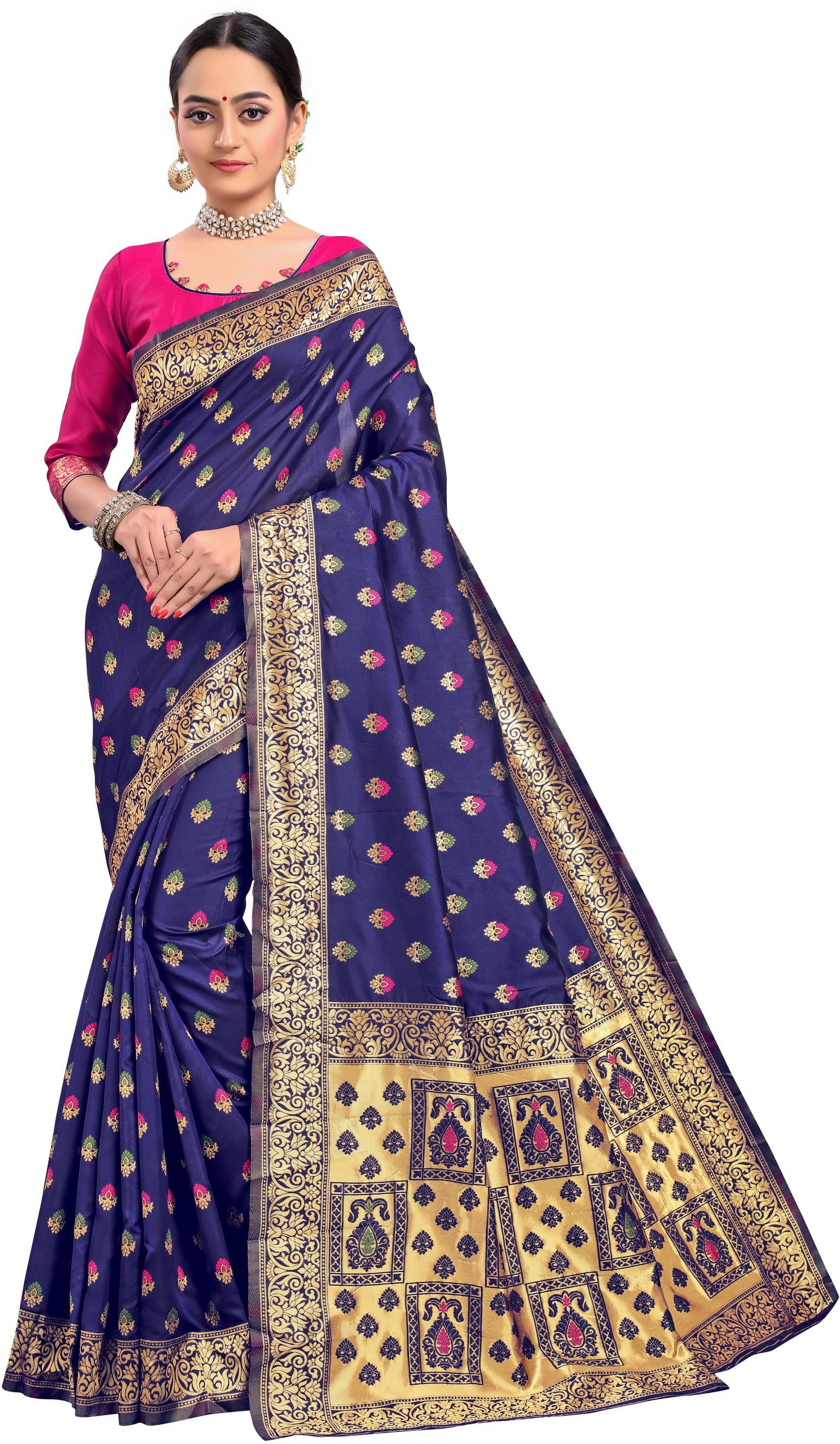     			Sariya Jacquard Woven Saree With Unstitched Blouse Piece ( Navy Blue )