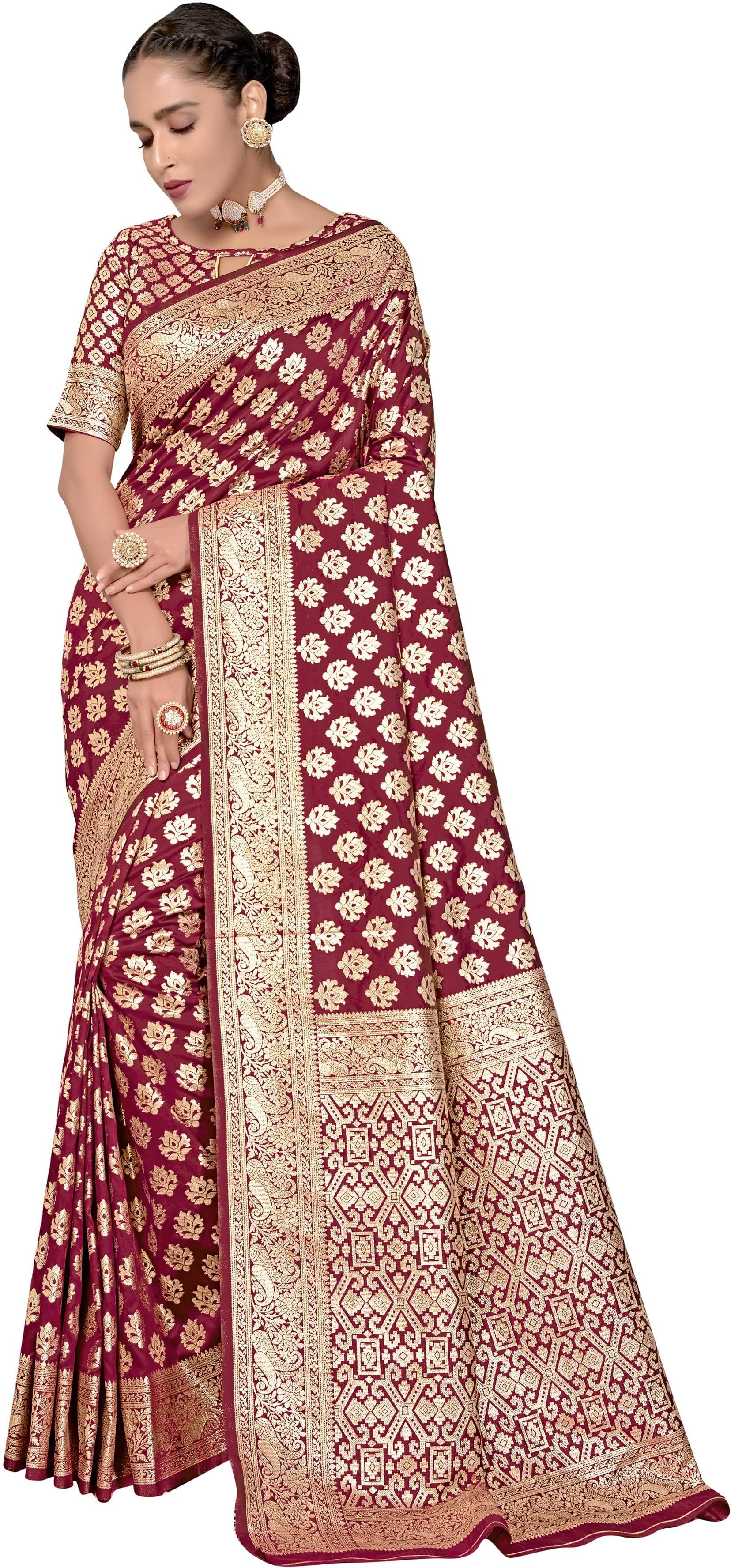 Sariya Jacquard Woven Saree With Unstitched Blouse Piece ( Maroon ) Sariya Jacquard Woven Saree With Unstitched Blouse Piece ( Maroon )