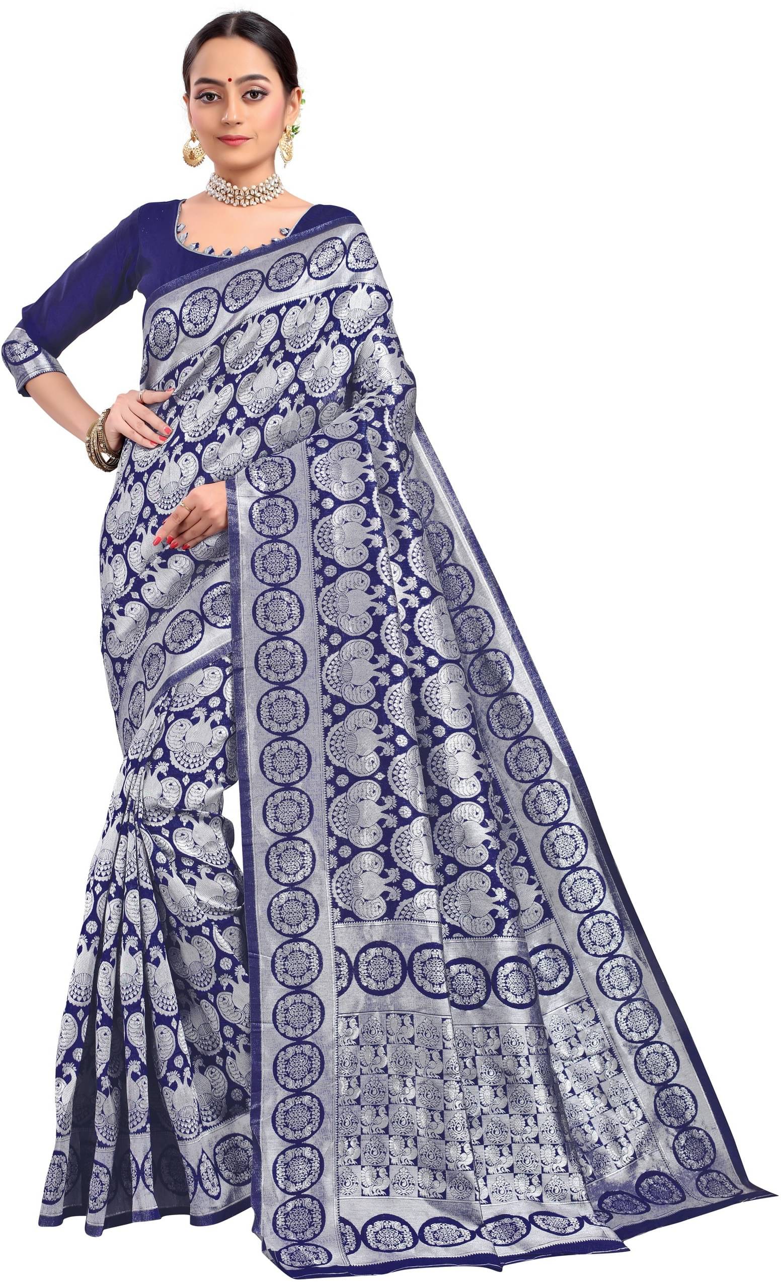 Sariya Jacquard Woven Saree With Unstitched Blouse Piece ( Navy Blue ) Sariya Jacquard Woven Saree With Unstitched Blouse Piece ( Navy Blue )