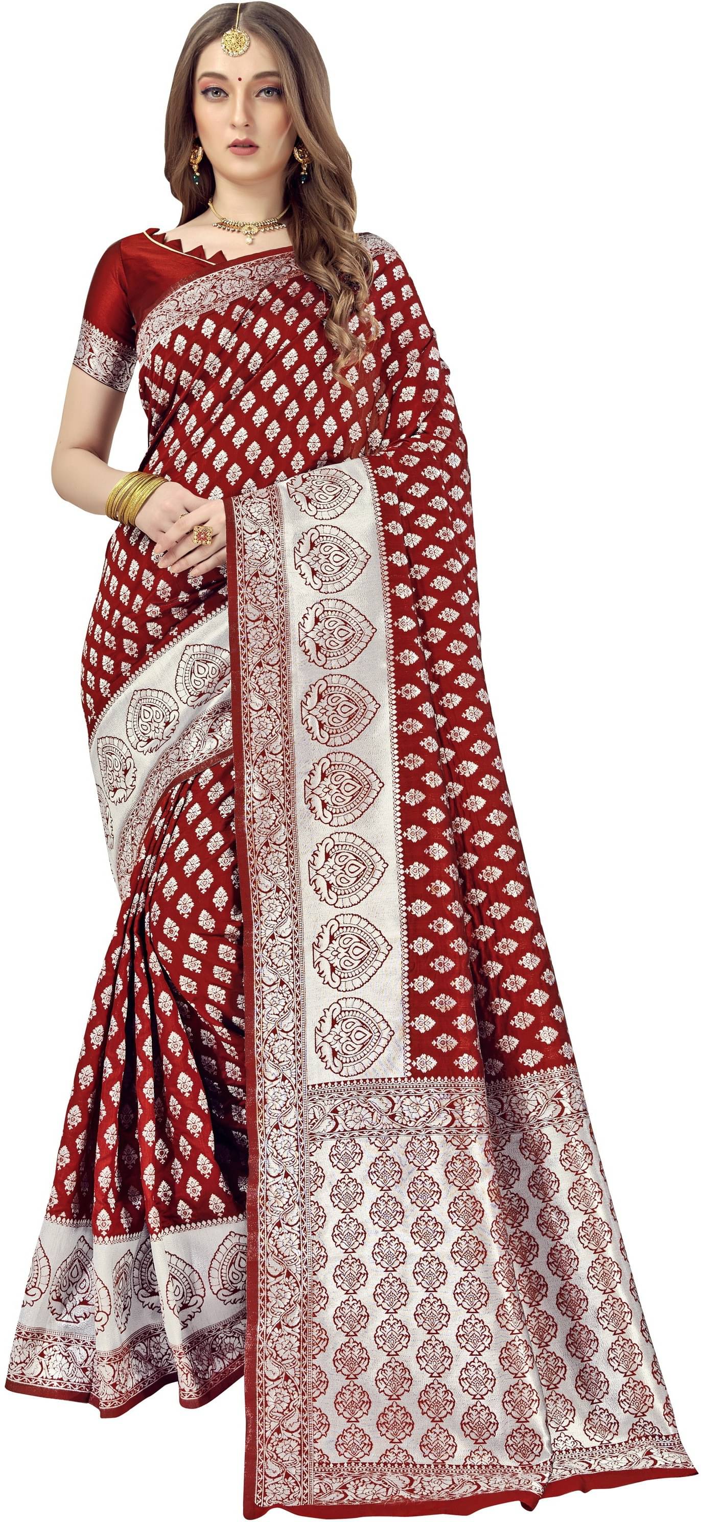 Sariya Jacquard Woven Saree With Unstitched Blouse Piece ( Maroon ) Sariya Jacquard Woven Saree With Unstitched Blouse Piece ( Maroon )