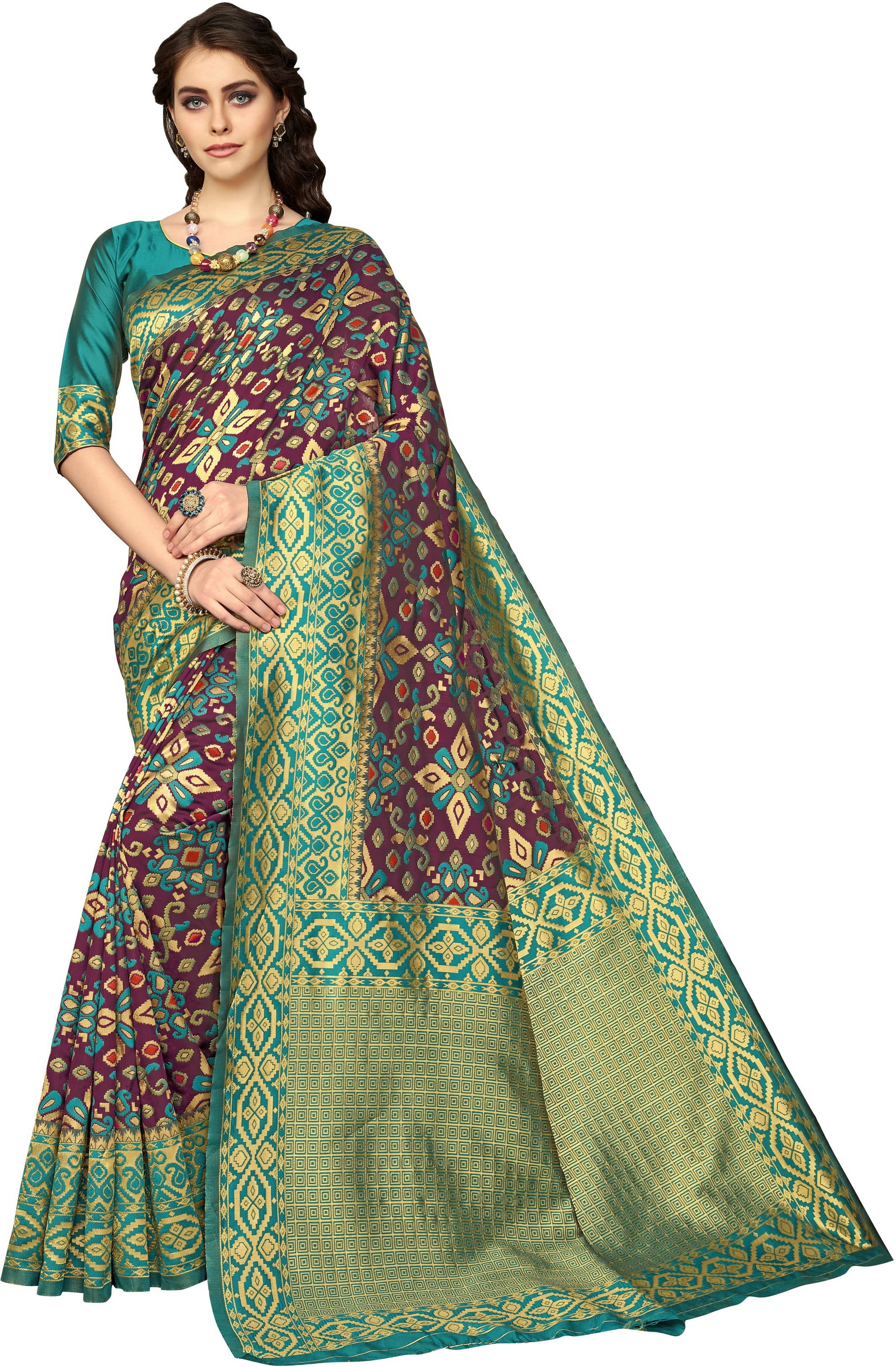 Sariya Jacquard Woven Saree With Unstitched Blouse Piece ( Wine ) - Sarees | Buy online on ZillyBuy