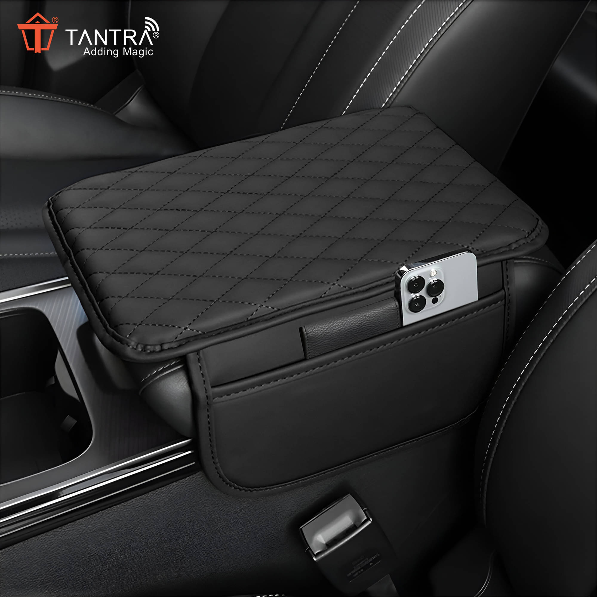 TANTRA Car Armrest Cover Cushion with 2 Storage Bags - Soft, Comfortable, Non-Slip Protector for Vehicle Center Console - Waterproof, Durable, and Stylish     			TANTRA Car Armrest Cover Cushion with 2 Storage Bags - Soft, Comfortable, Non-Slip Protector for Vehicle Center Console - Waterproof, Durable, and Stylish