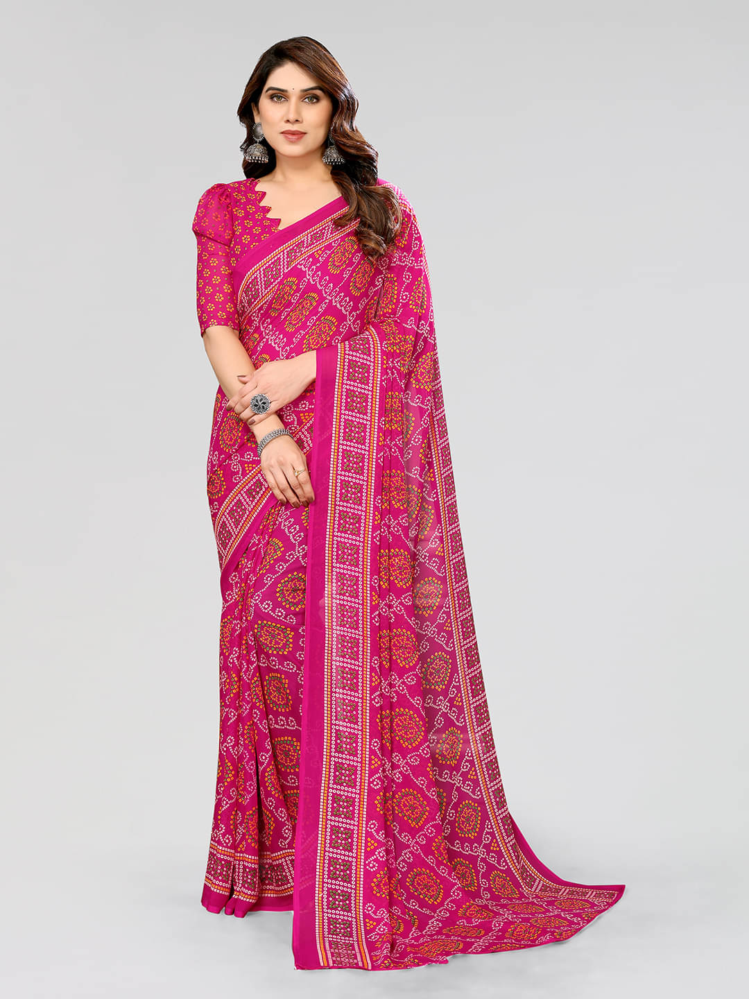ANAND SAREES Georgette Printed Saree With Unstitched Blouse Piece ( Pink ) ANAND SAREES Georgette Printed Saree With Unstitched Blouse Piece ( Pink )