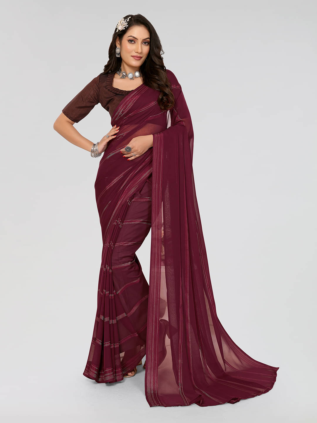 ANAND SAREES Georgette Striped Saree With Unstitched Blouse Piece ( Magenta ) ANAND SAREES Georgette Striped Saree With Unstitched Blouse Piece ( Magenta )
