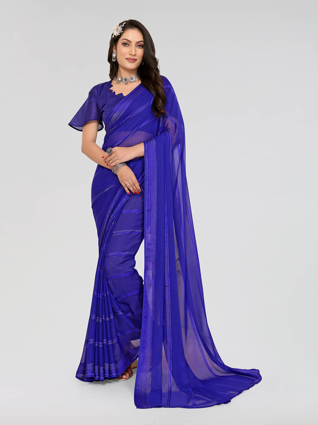     			ANAND SAREES Georgette Striped Saree With Unstitched Blouse Piece ( Blue )