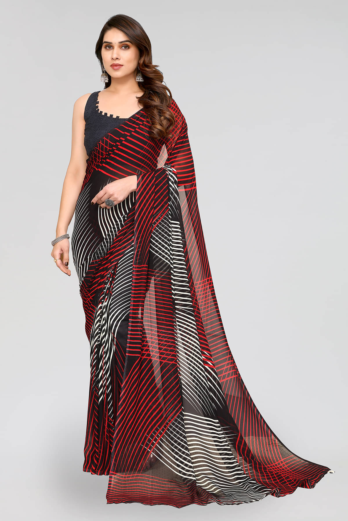 ANAND SAREES Georgette Printed Saree With Unstitched Blouse Piece ( Black ) ANAND SAREES Georgette Printed Saree With Unstitched Blouse Piece ( Black )