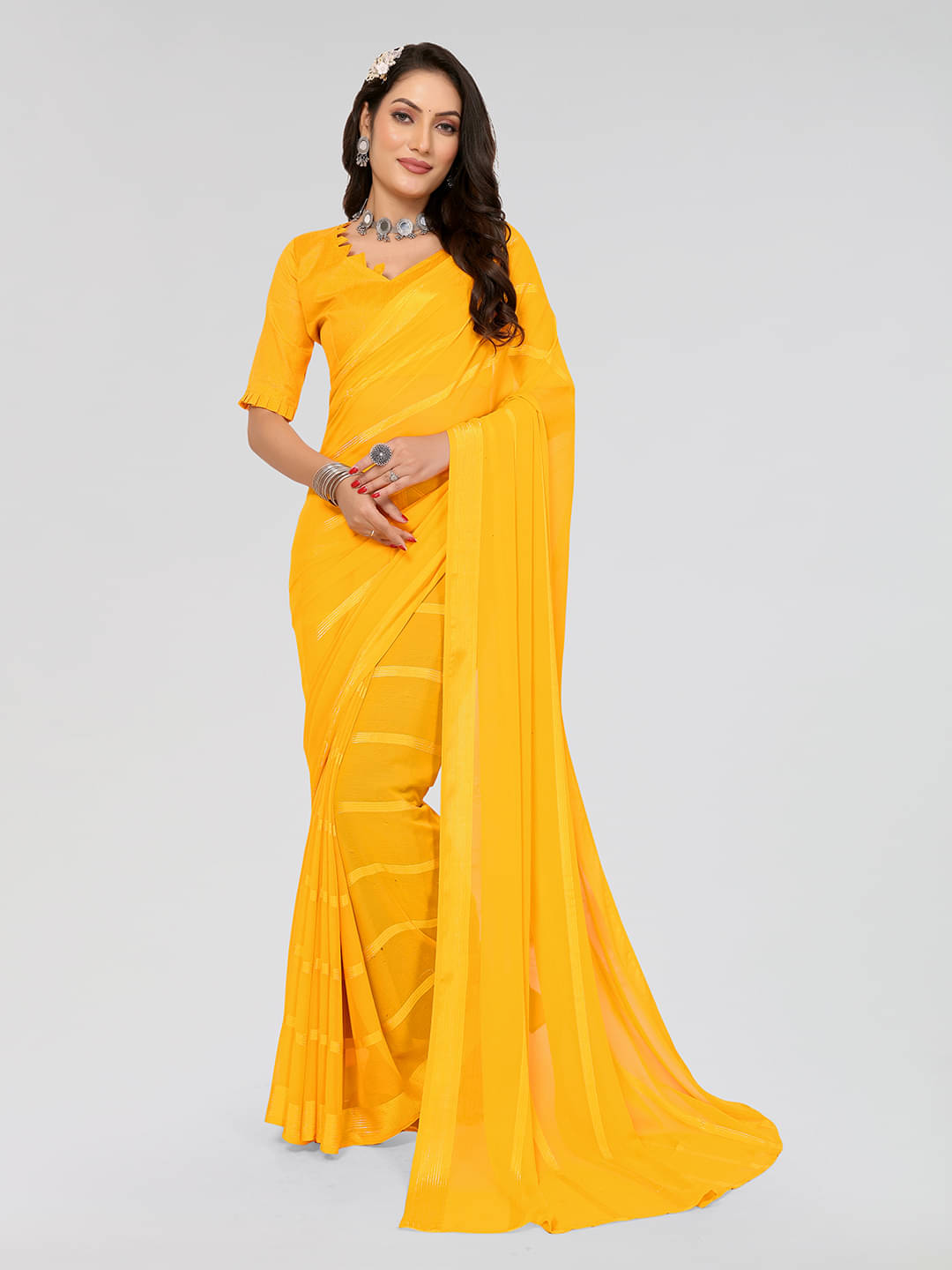 ANAND SAREES Georgette Striped Saree With Unstitched Blouse Piece ( Yellow ) ANAND SAREES Georgette Striped Saree With Unstitched Blouse Piece ( Yellow )
