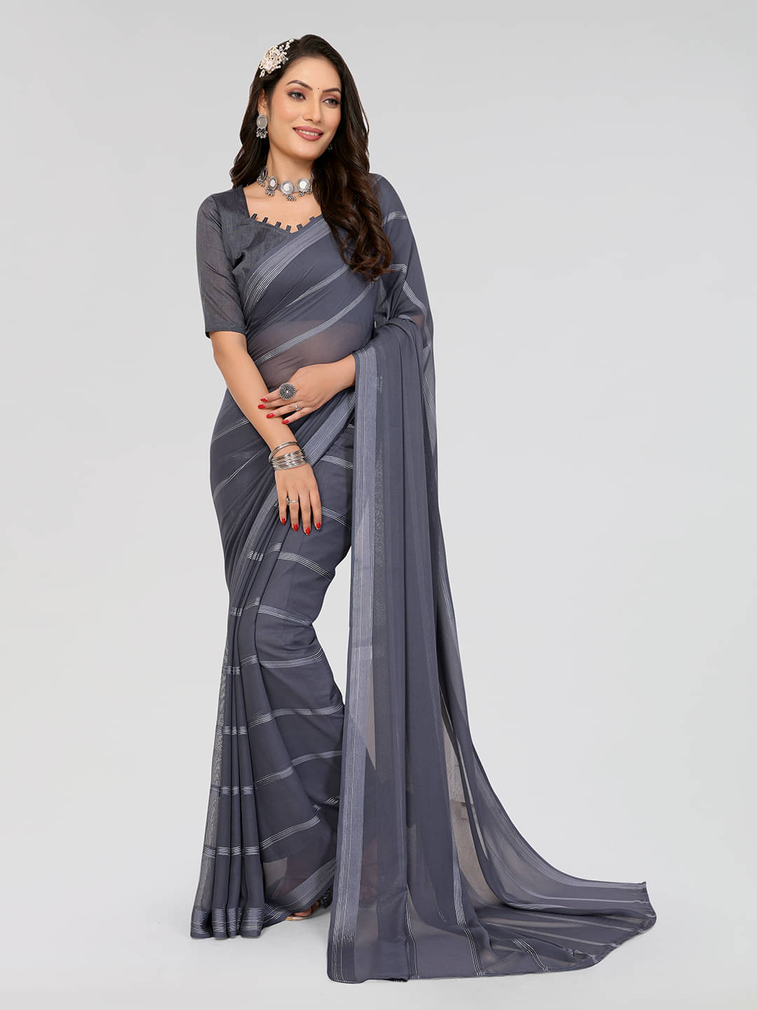     			ANAND SAREES Georgette Striped Saree With Unstitched Blouse Piece ( Grey )