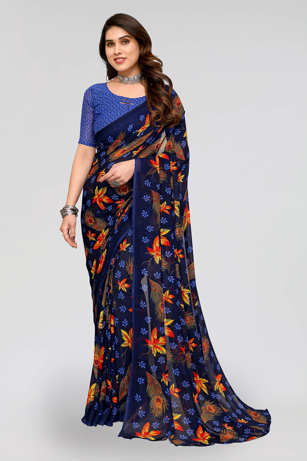 ANAND SAREES Georgette Printed Saree With Unstitched Blouse Piece ( Navy Blue ) ANAND SAREES Georgette Printed Saree With Unstitched Blouse Piece ( Navy Blue )