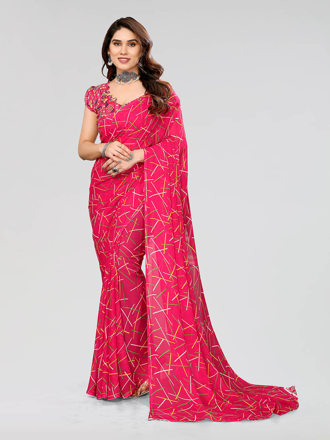 ANAND SAREES Georgette Printed Saree With Unstitched Blouse Piece ( Pink ) ANAND SAREES Georgette Printed Saree With Unstitched Blouse Piece ( Pink )